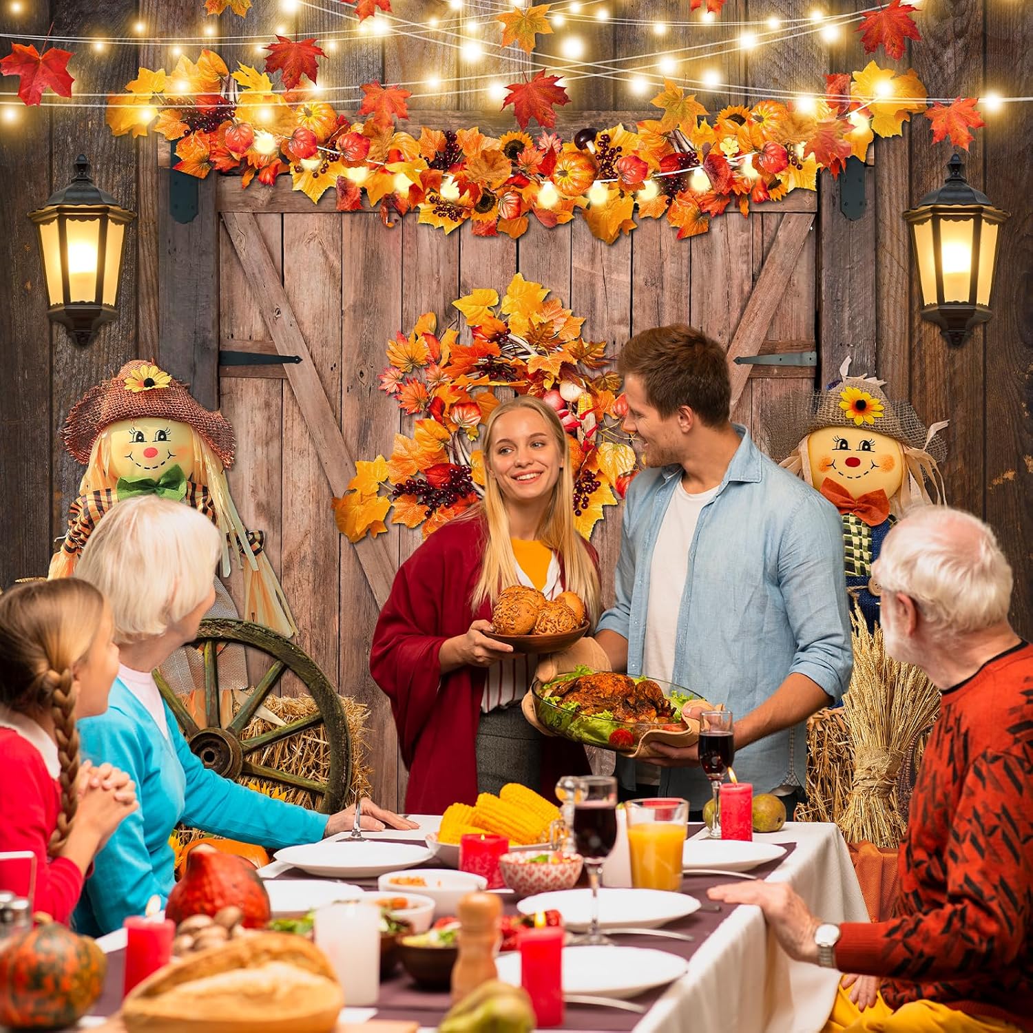 Avezano 7 x 10 ft Fall Thanksgiving Backdrop Maple Leaves Pumpkin Barn Door Photography Backdrop Haystack Scarecrow Fall Baby Shower Party Banner Decorations