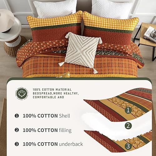 Miniatura 6 de Finlonte Juego de edredón de otoño King, edredón de 100 % algodón, colcha de tamaño King, colcha acolchada a rayas florales, edredón reversible