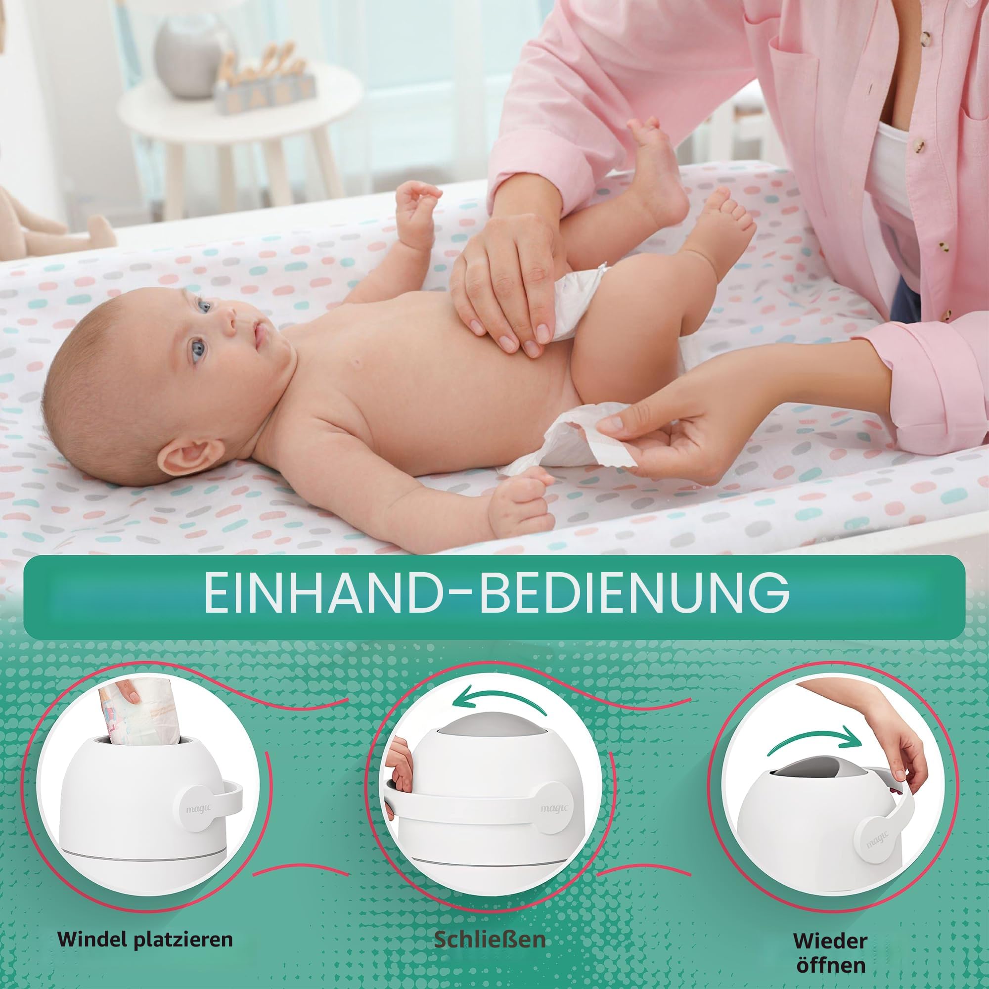 Magic Baby Windeleimer, patentiertes Geruch-Stopp-System, verwenden Sie jeden Müllbeutel, Einhandhebel, 4 Rollen Beutel inklusive (Graphit)
