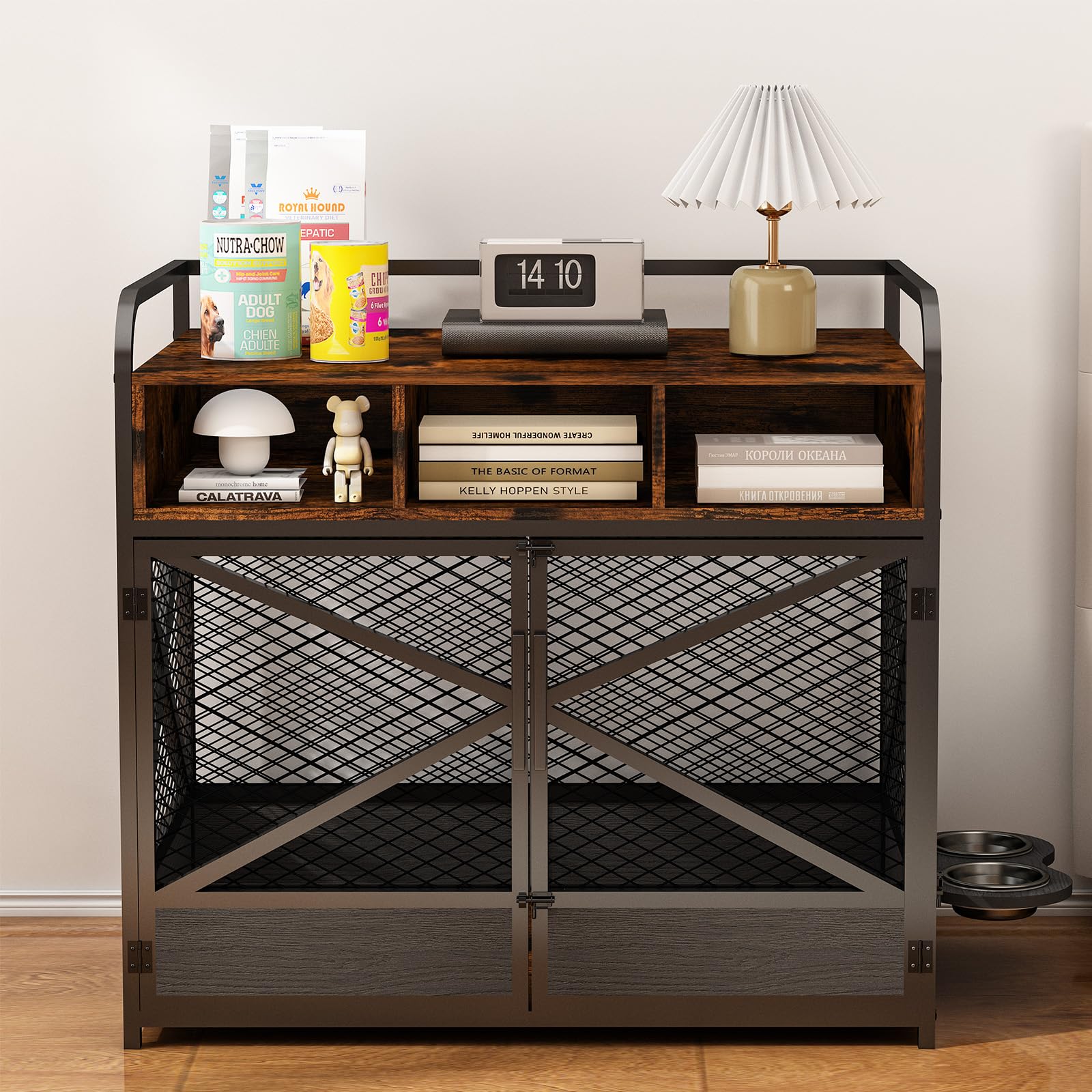 Mueble Jaula para Perro Grande, Casa de Madera Estilo Mueble, Mesa Auxiliar Con 3 Cajones, Perrera Resistente Con Comedero Giratorio 360° Marrón Rústico