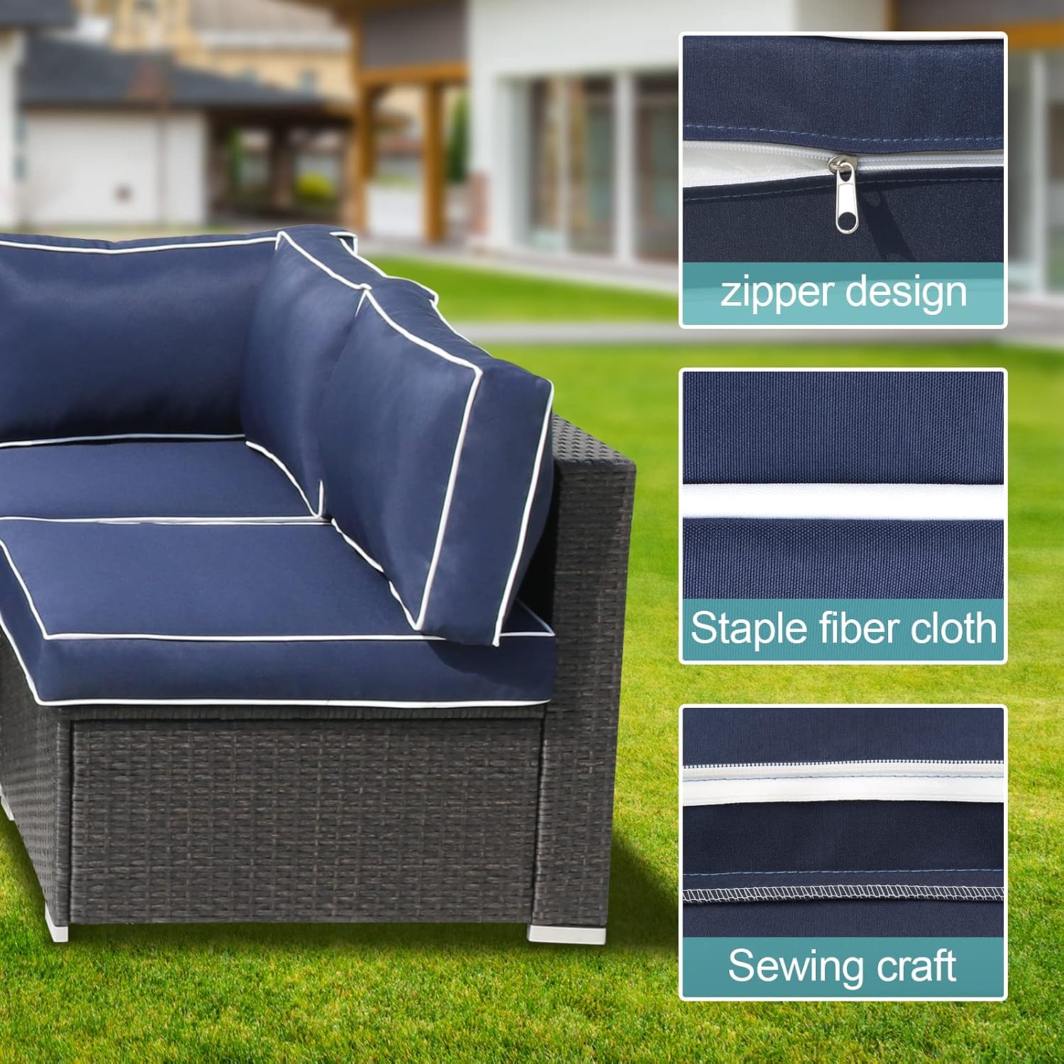 VIXLON Outdoor Patio Cushion Covers Replacement, Set of 14, Dark Blue+White Edge (Only Cover) - Image 5