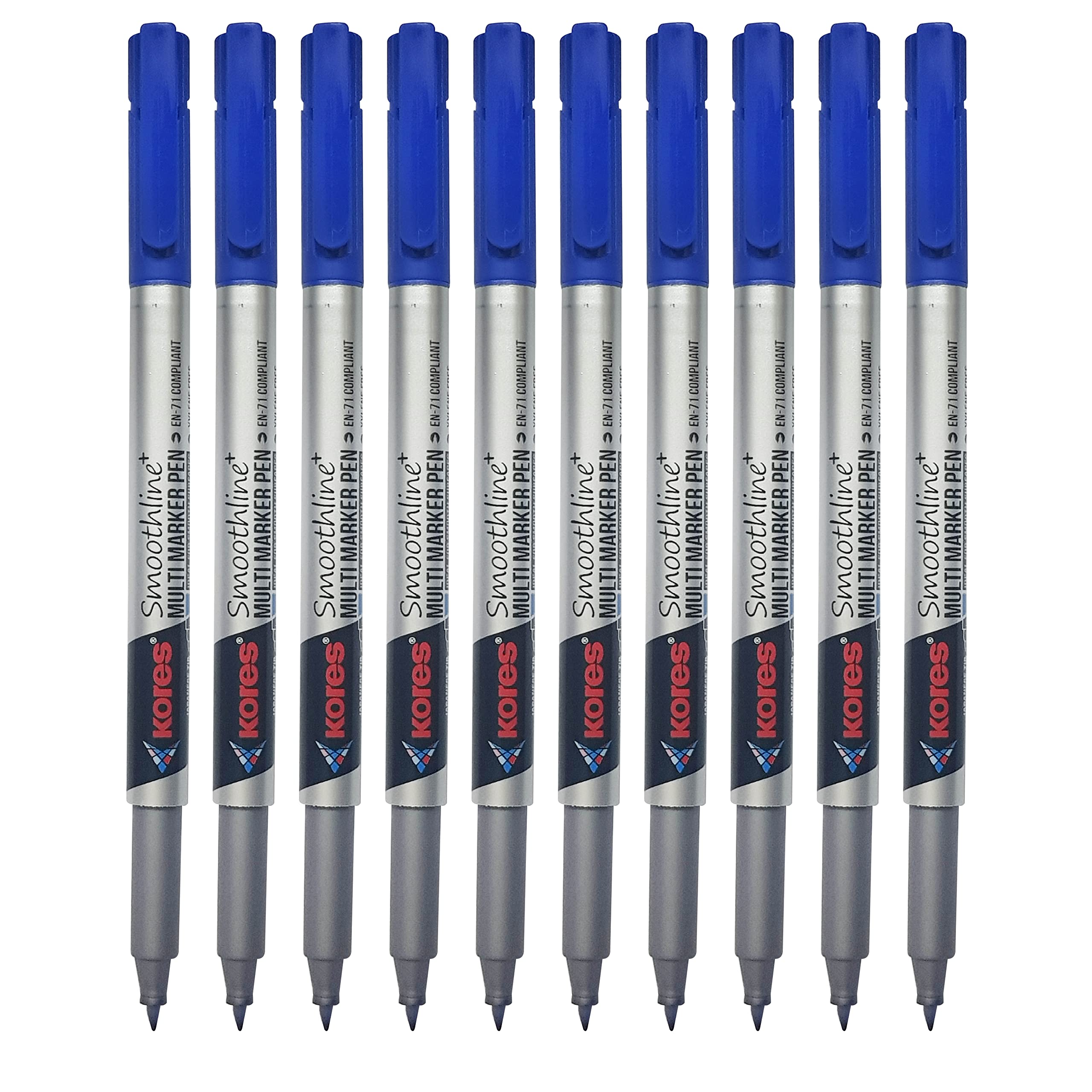 Kores Smoothline+ Permanent Marker Pens, BLUE, Fine Tip, Pack of 10, Write-4-All, Smooth Surface Markers, Waterproof Ink