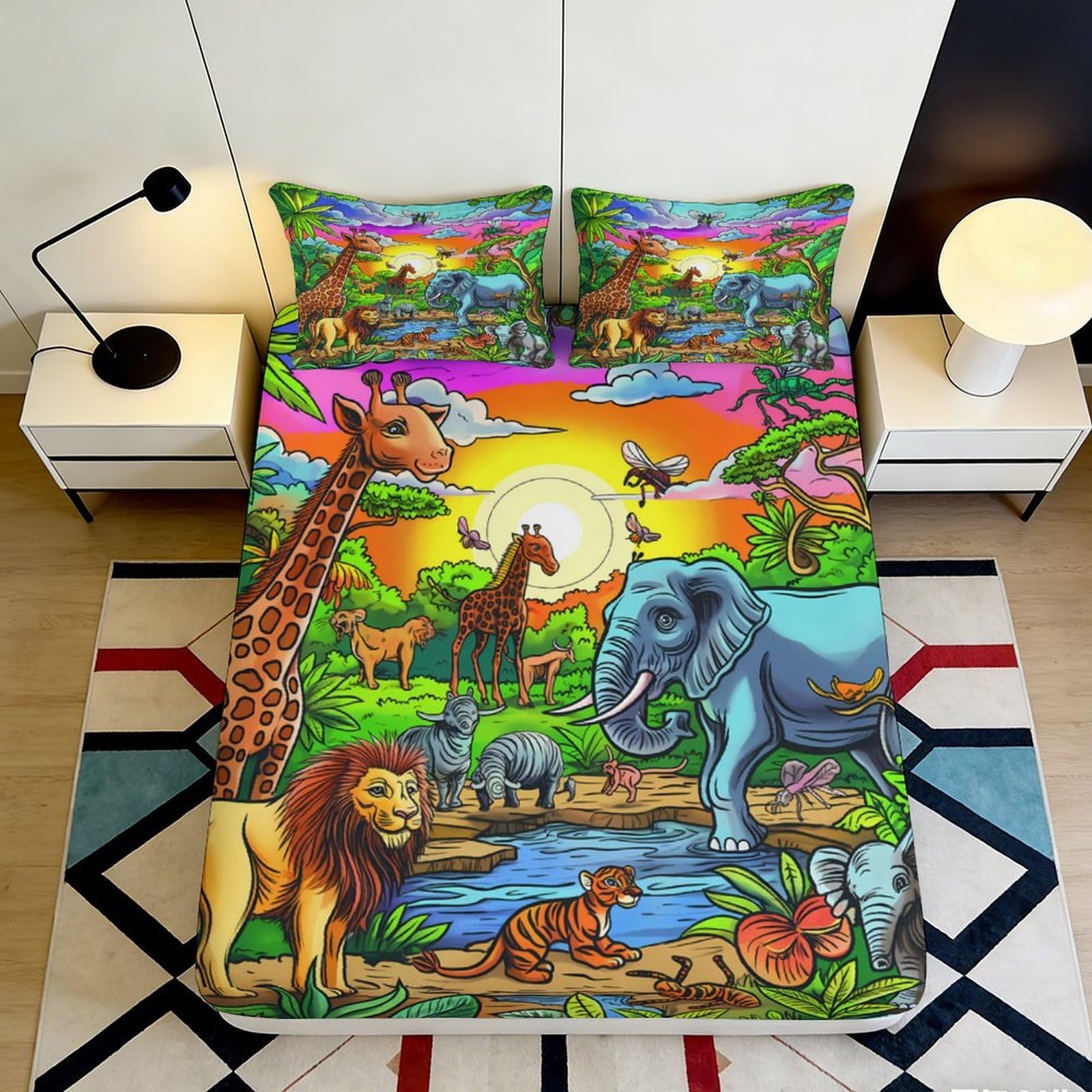 3D Printed Safari Animals Fitted Sheet Microfiber Soft Breathable Jungle Scene Bed Cover for Bedroom Dormitory Guest Room Mattress Protection 160x200x25cm