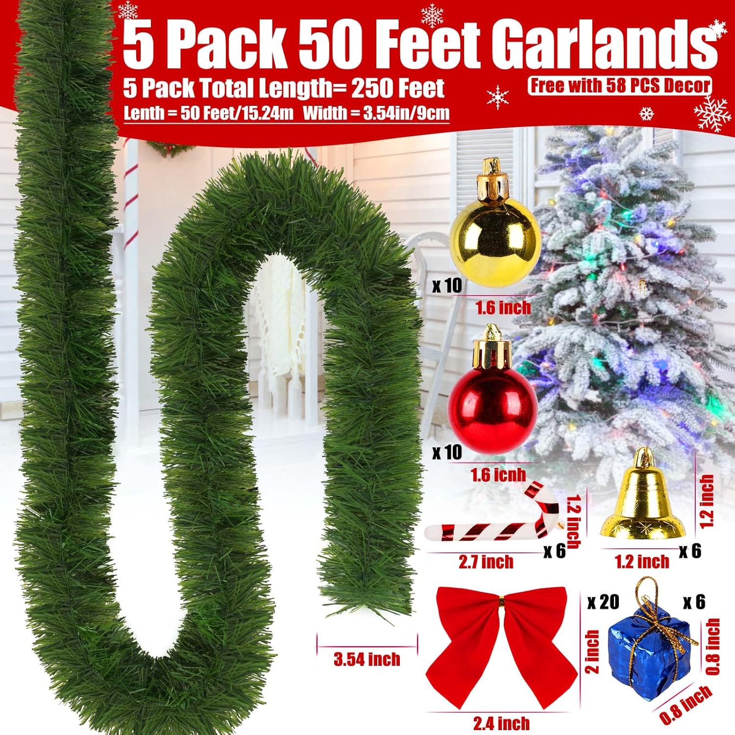 5 Pack 250FT Christmas Green Garland Flower for Christmas and Non-Lit Soft Holiday Decor for Outdoor Indoor Artificial Twist Greenery Garland Home Artificial Wedding Party Decoration