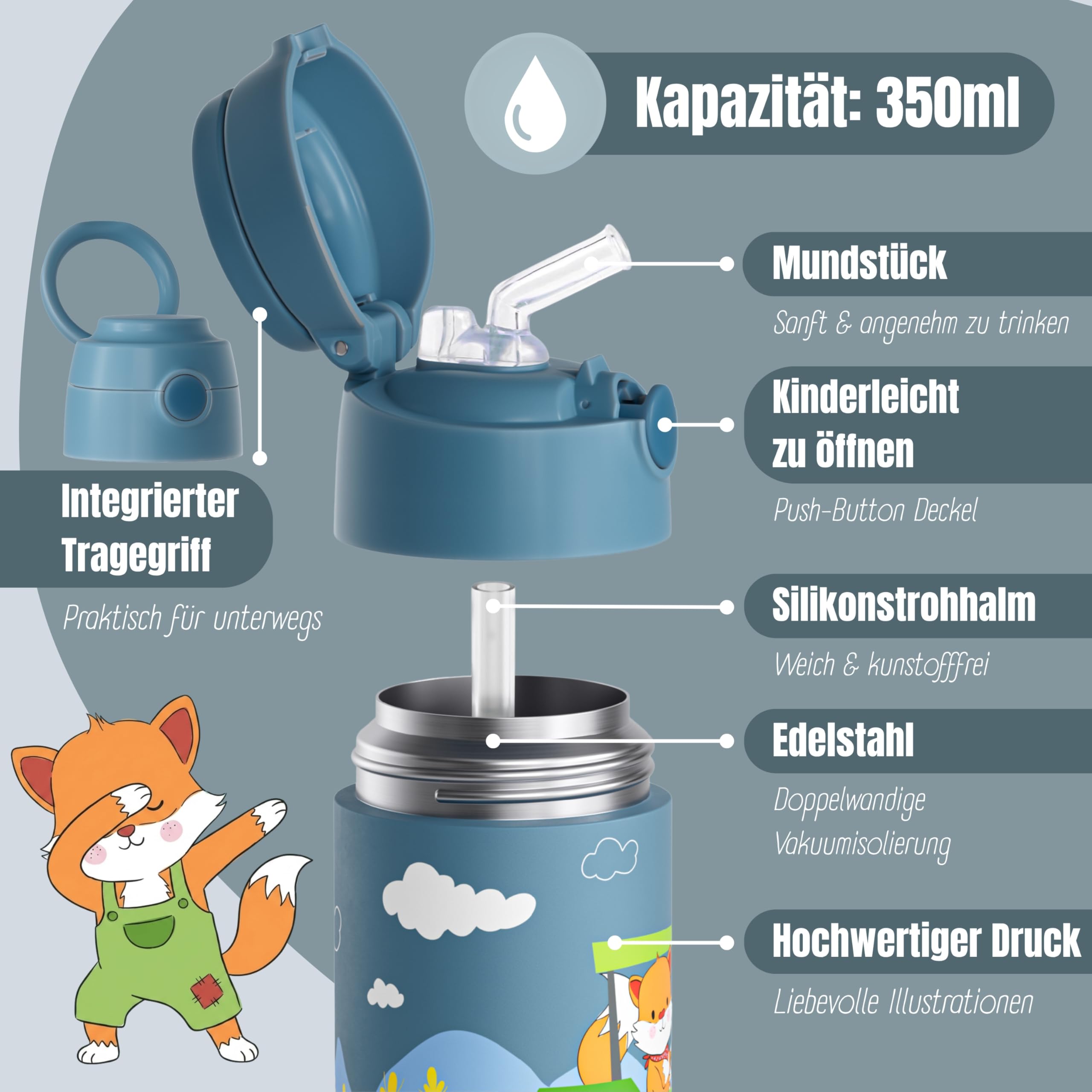 BEARFOOT Edelstahl Trinkflasche Kinder 350ml (Traktor Fuchs – Blau) | Thermo, vakuumisoliert, mit Tragegriff, auslaufsicher, BPA-frei, für Mädchen & Jungen