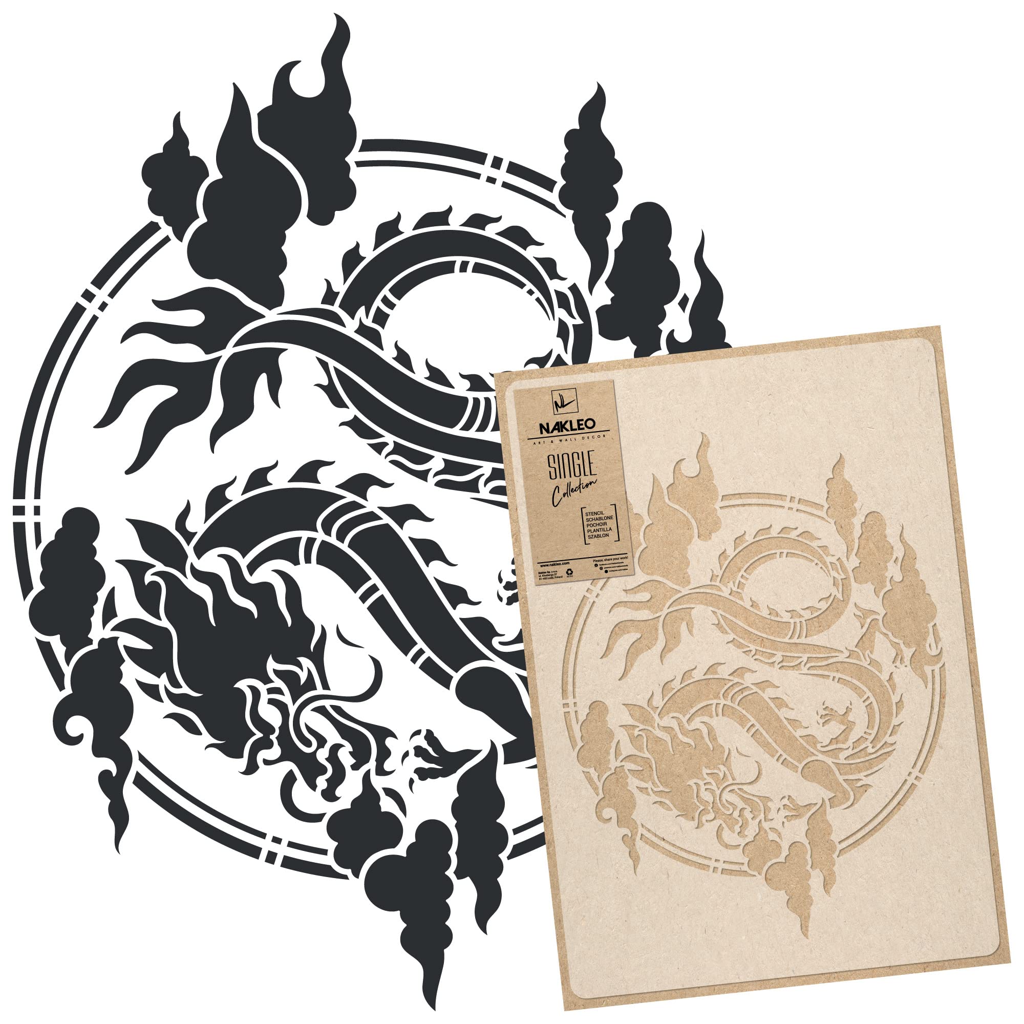 NAKLEO Large Wall Painting Stencil 59x95 cm, Chinese Dragon Circle Pattern, Reusable Plastic Template, DIY Art and Craft Home Decor, Floor Wood Fabric Furniture