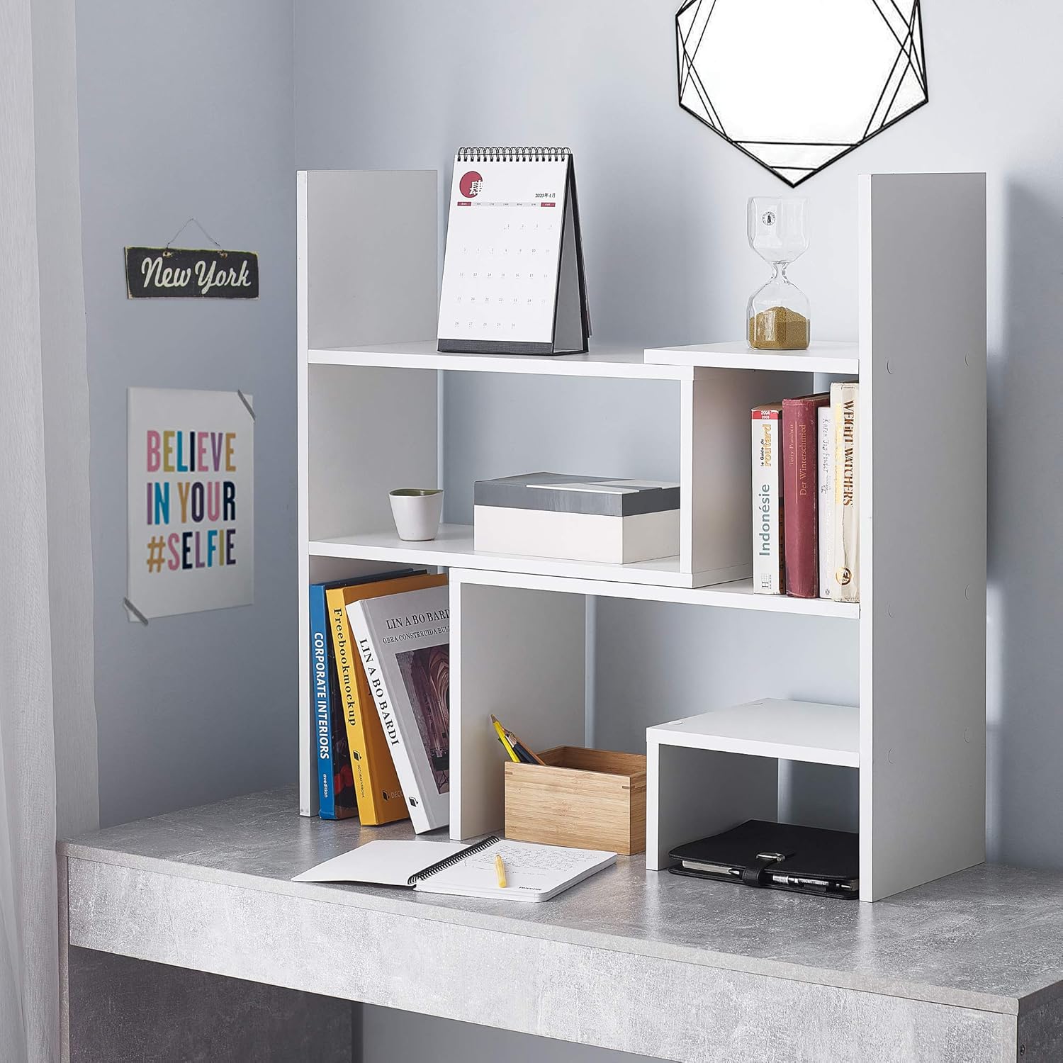 White Adjustable Compact Desk Bookshelf with Cubes