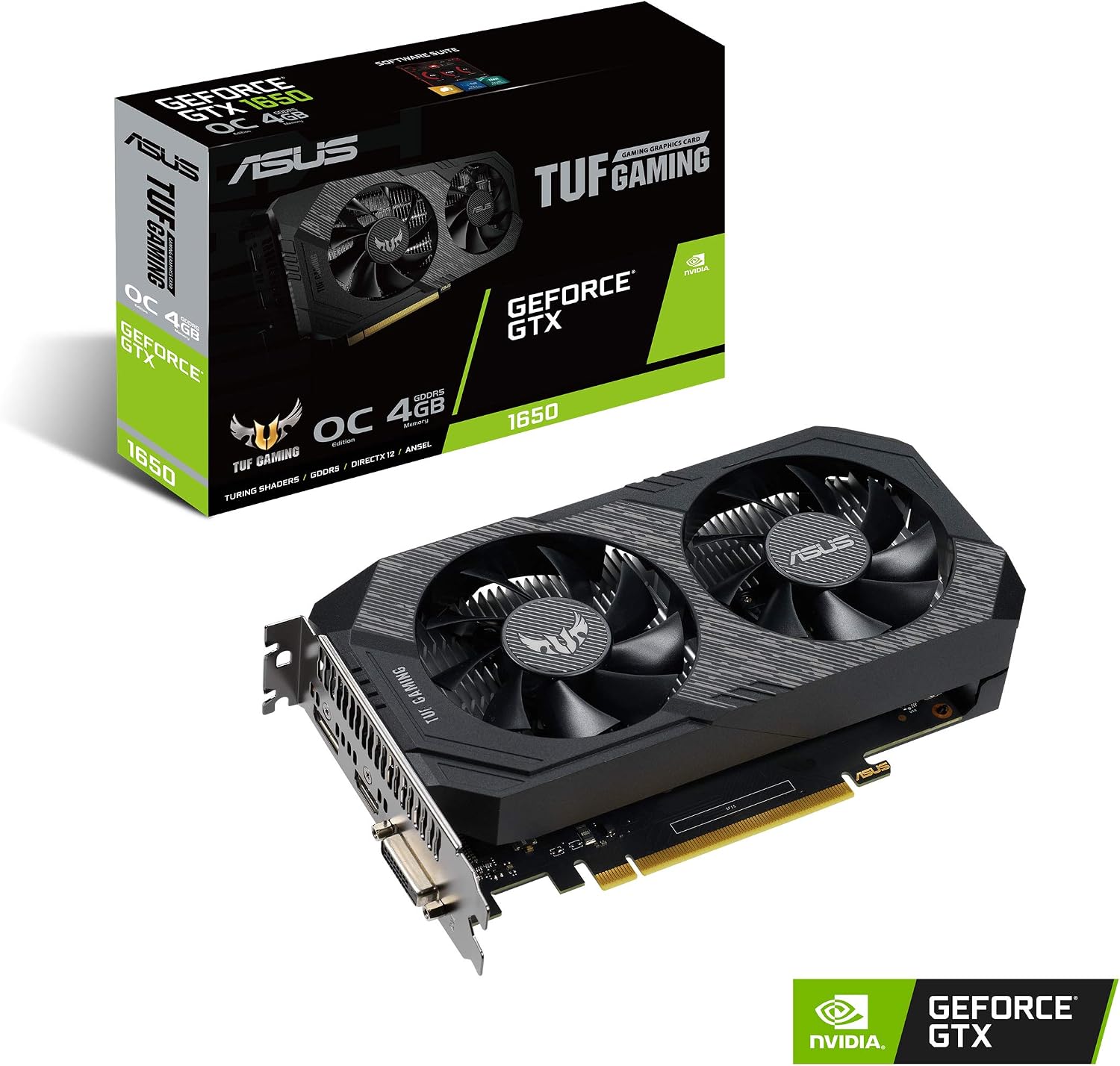 TUF Gaming NVIDIA GeForce GTX 1650 OC Edition Graphics Card (PCIe 3.0, 4GB GDDR6 Memory, HDMI, DisplayPort, DVI-D, 1x 6-pin Power Connector, IP5X Dust Resistance, Space-Grade Lubricant)