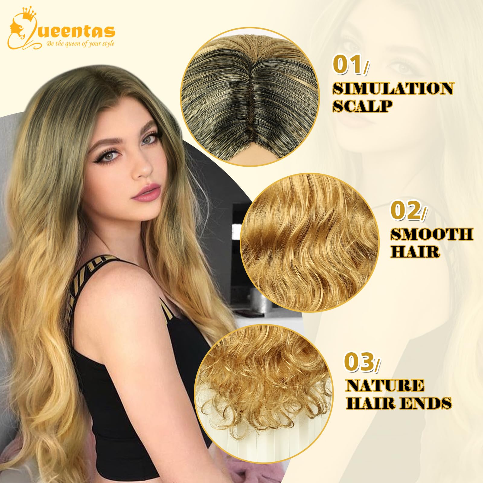 QUEENTAS Long Blonde Wigs for Women Synthetic Curly Wig for Daily Party Cosplay Halloween (Black mixed Blonde) - Image 2