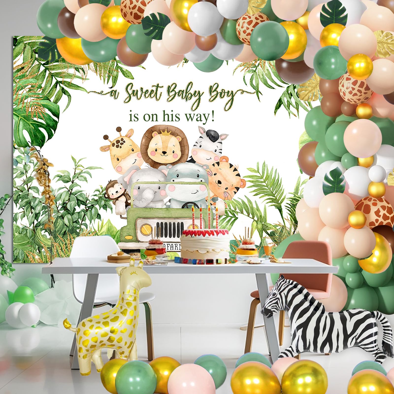 Toile De Fond Baby Shower Jungle - 7x5FT - Décoration Anniversaire Garçon Avec Animaux