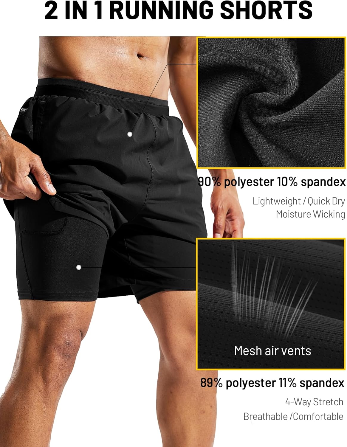 MIER Men's 2 in 1 Running Shorts with Liner 5" Quick Dry Gym Workout Athletic Shorts with Pockets, Lightweight, Breathable - Image 3