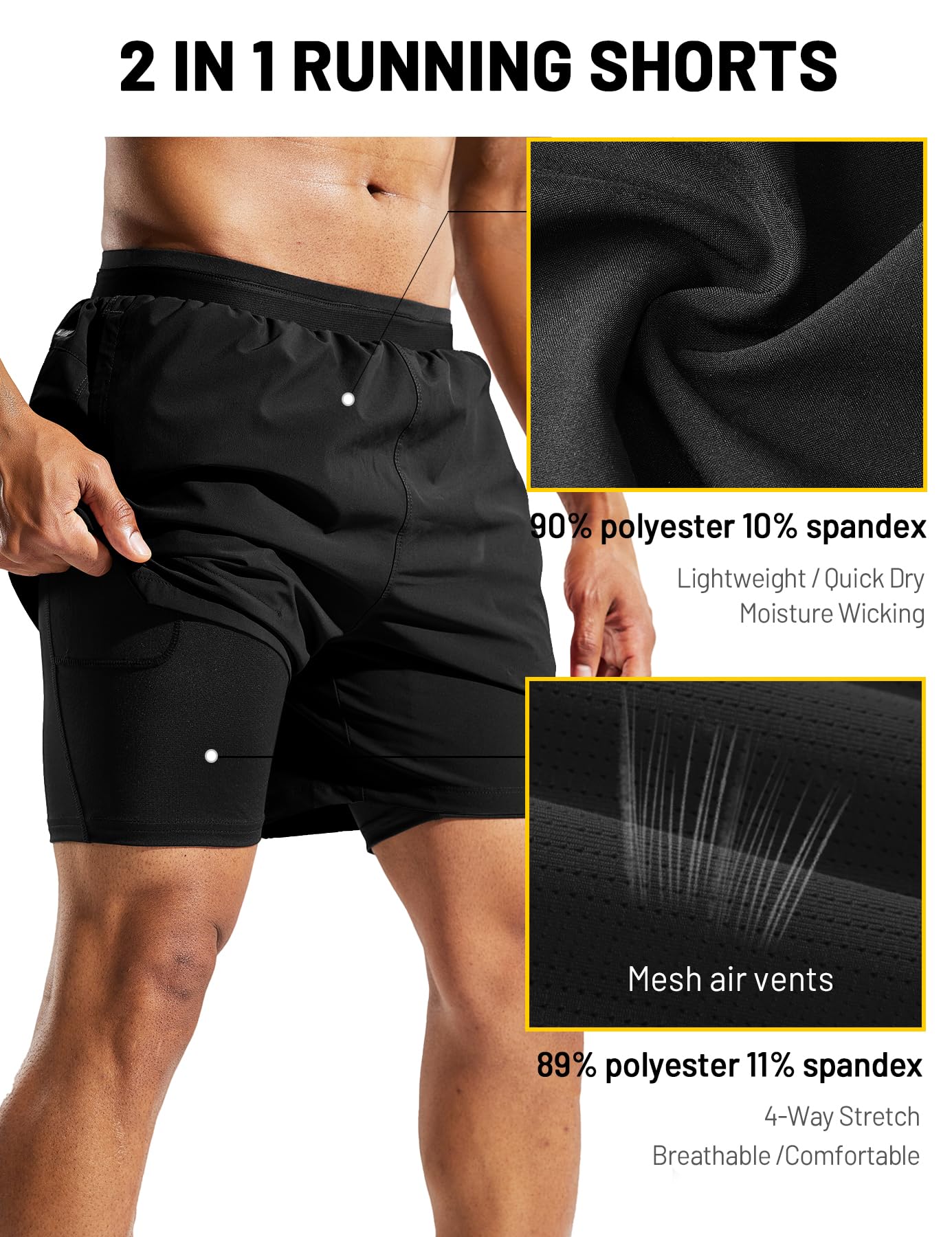 MIER Short de course 2 en 1 pour homme avec doublure de 12,7 cm, séchage rapide, short athlétique avec poches, léger, respirant