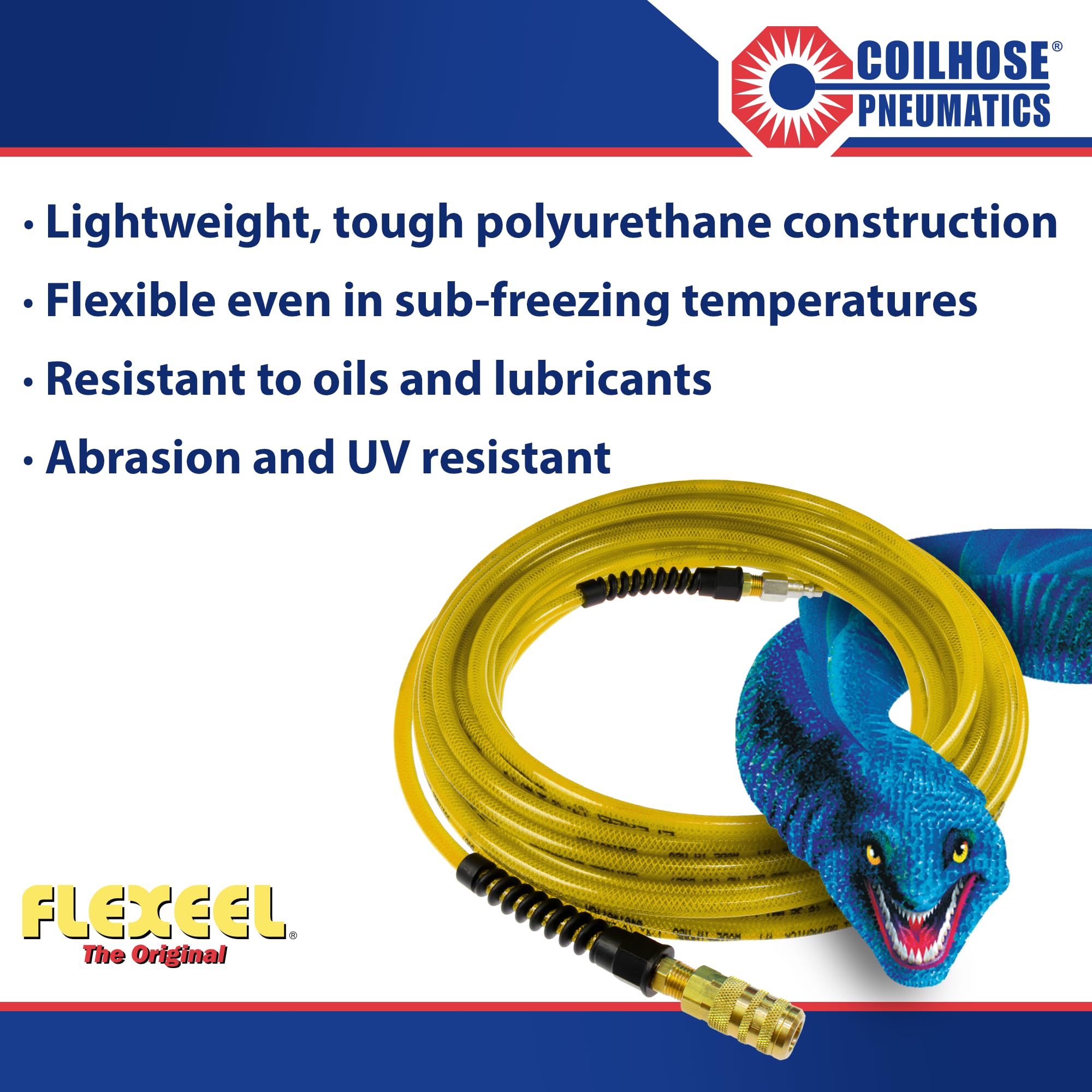 Coilhose PFE4100TYS15X Flexeel - Manguera de aire de poliuretano reforzada, 1/4" ID, 100' de longitud con acoplador y conector industrial de 1/4", color amarillo transparente