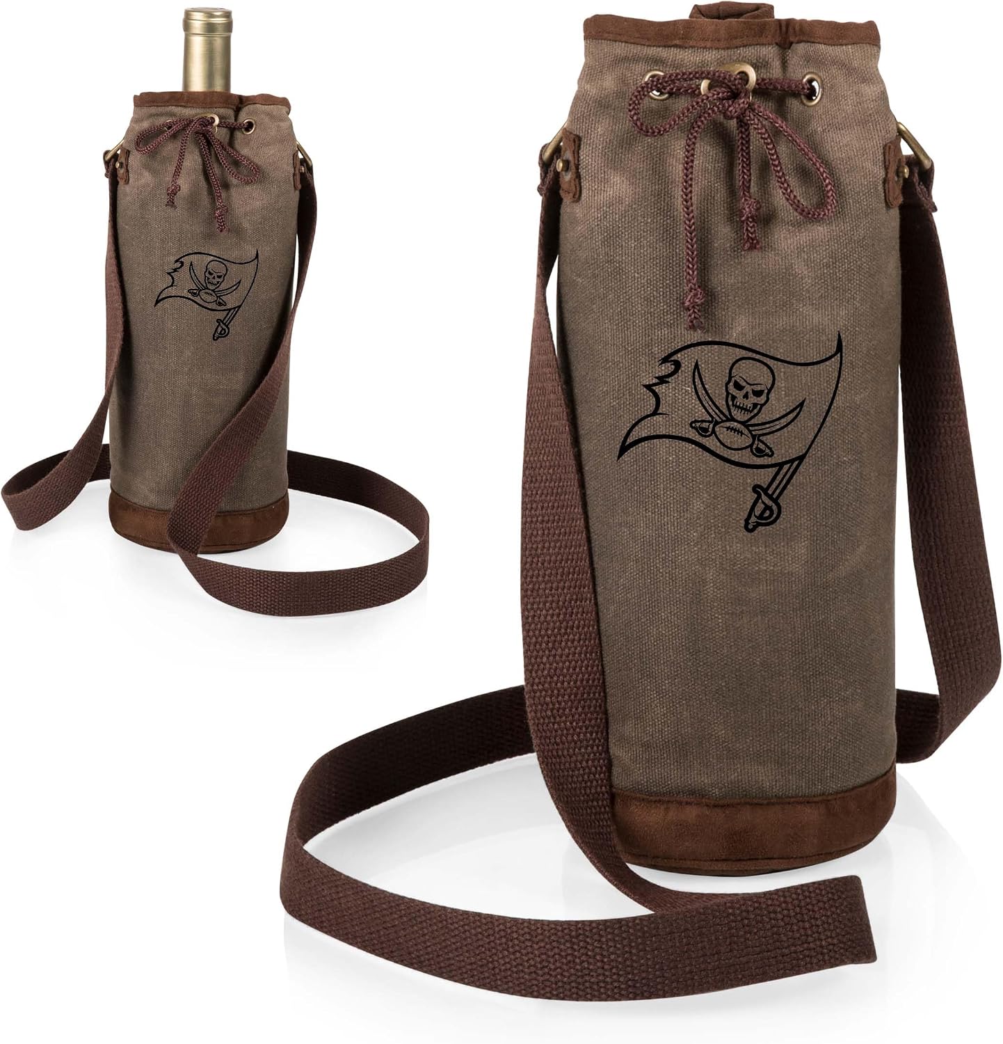 PICNIC TIME NFL Distressed Waxed Canvas Wine Tote, Single Bottle Insulated Bag, Bottle Carrier, Wine Gift Bag, Khaki Green