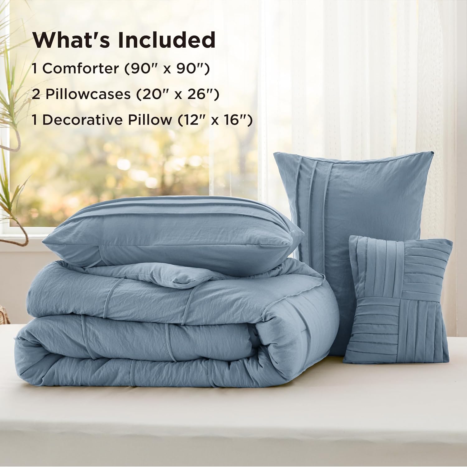 Bedsure Queen Comforter Set - 4 Pieces Pinch Pleat Bed Set, Light Blue Boho Bedding for All Season, 1 Soft Comforter, 2 Pillowcases, 1 Decorative Pillow
