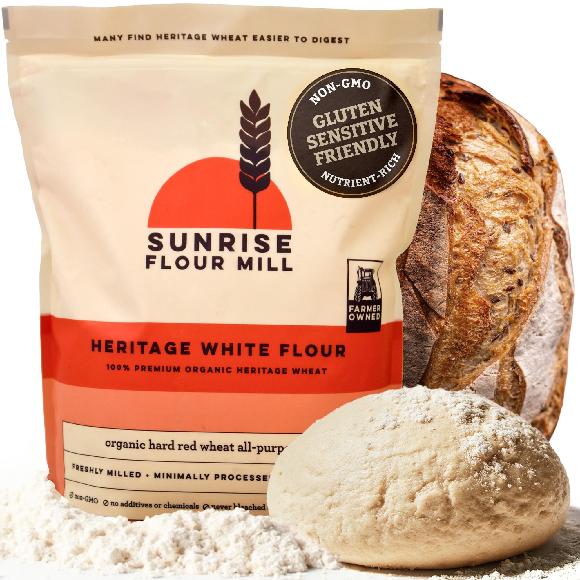 Sunrise Flour Mill Heritage Organic White Flour | USDA Organic All Purpose Flour Unbleached - Non-GMO, Kosher, Grown Without Glyphosate, High Protein