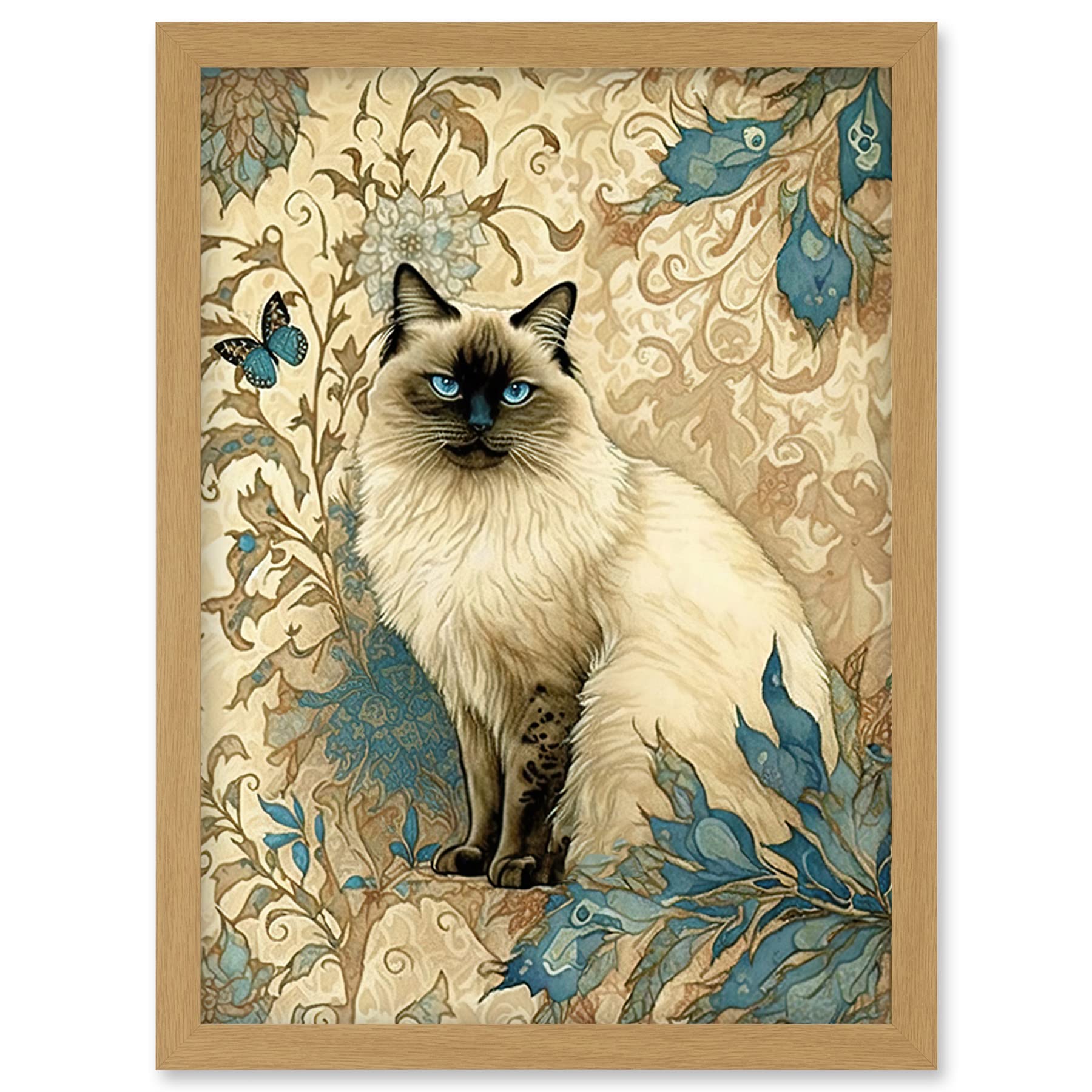 Artery8 Blue Point Ragdoll Cat with Teal Plants Art Nouveau Watercolour Illustration Artwork Framed Wall Art Print A4