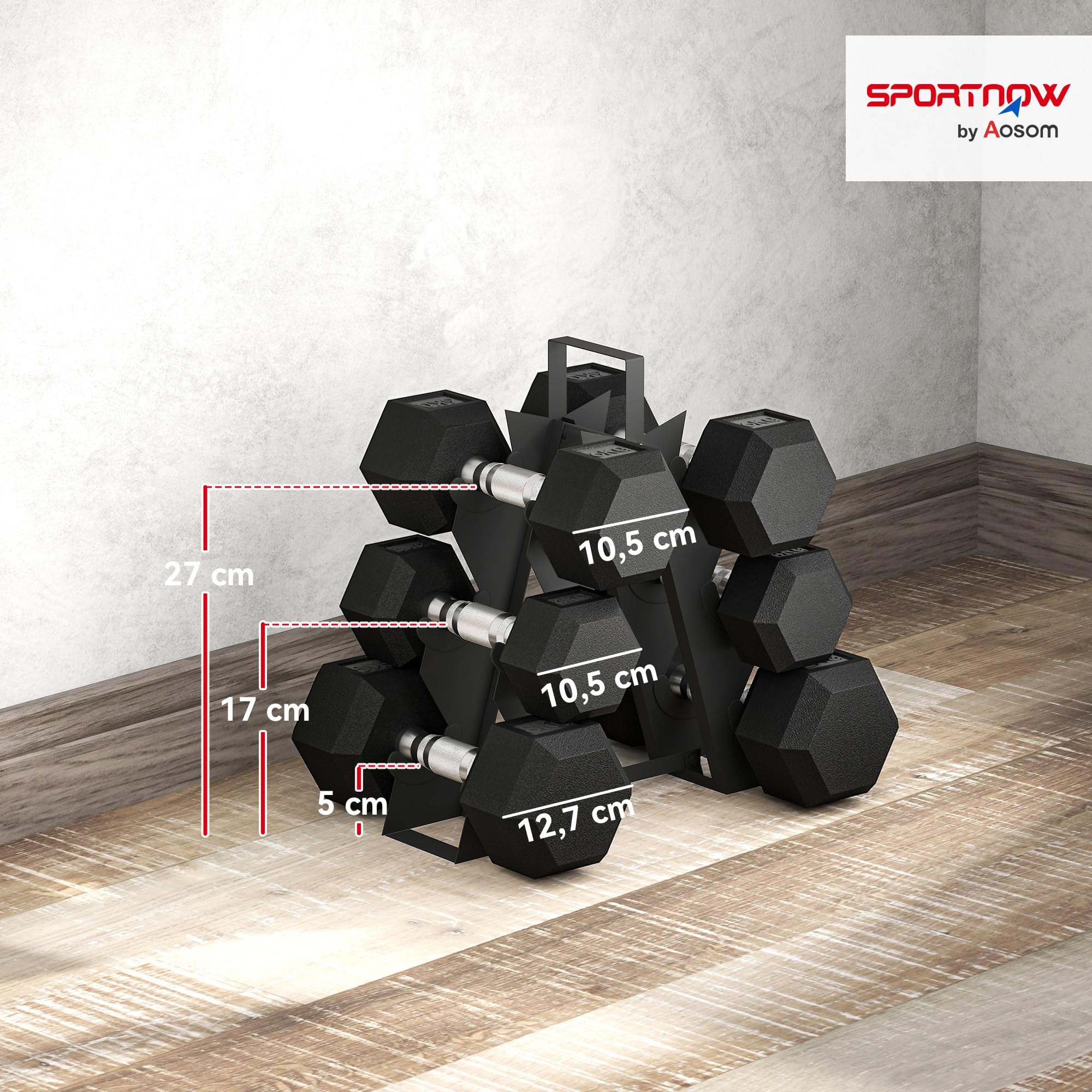 SPORTNOW Juego de Mancuernas de 6 Piezas 30 kg/36kg, Mancuernas Hexagonales2x2kg-2x8kg, con Soporte de Almacenamiento y Mango Antideslizante para Entrenamiento en Casa Gimnasio, Negro