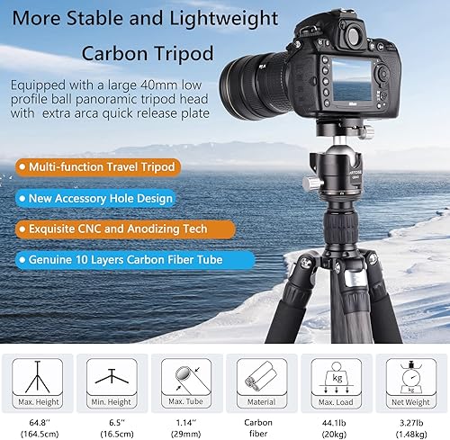 Miniatura 2 de Trípode de fibra de carbono de 68.1 pulgadas, 10 capas, tubo de carbono, profesional, ligero, portátil, cámara de viaje, trípode monopie para Sony