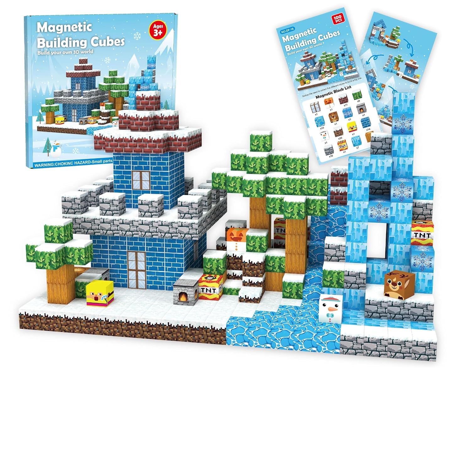 Magnetic Blocks for Kids 100 PCS – Build Your Own 3D World | Minecraft Magnetic Blocks Pixel Art Theme Set | Creative Magnet Toys for Kids Ages 3+ (World of Ice & Snow)-image-40