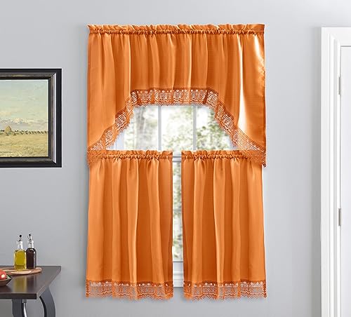 American Linen Cortinas de café para cocina, cortinas de baño con cenefa, borde de encaje bordado. (naranja)