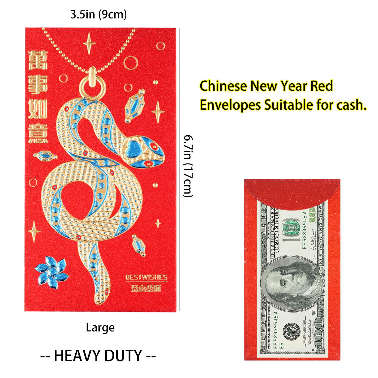 Lot de 36 enveloppes rouges pour le Nouvel An chinois 2025 Motif serpent Hongbao Lai See avec 6 motifs en relief dorés
