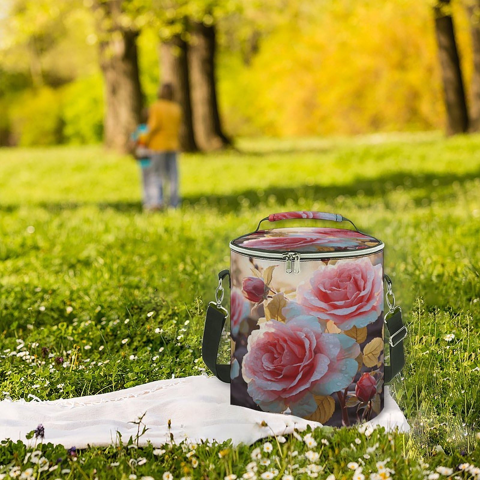 Borsa termica morbida con fiori di campo e rose, multi-tasca, borsa da spiaggia isolata a prova di perdite, pieghevole, per spiaggia, viaggi, lavoro