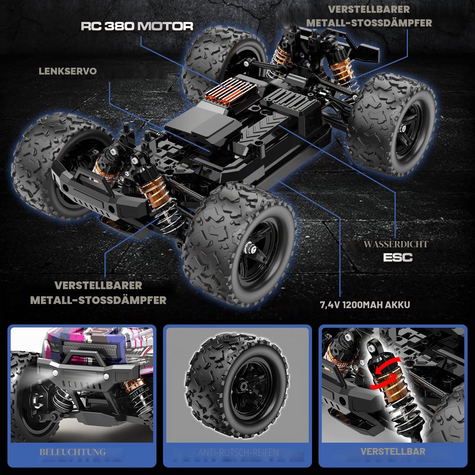 Ferngesteuertes Auto 1:18, RC Auto 4WD 40 km/h Monstertruck | Pinkes ferngesteuertes Auto für Mädchen, 4WD Offroad RC Truck, 2,4 GHz,2 Akkus, ab 8-14 Jahren