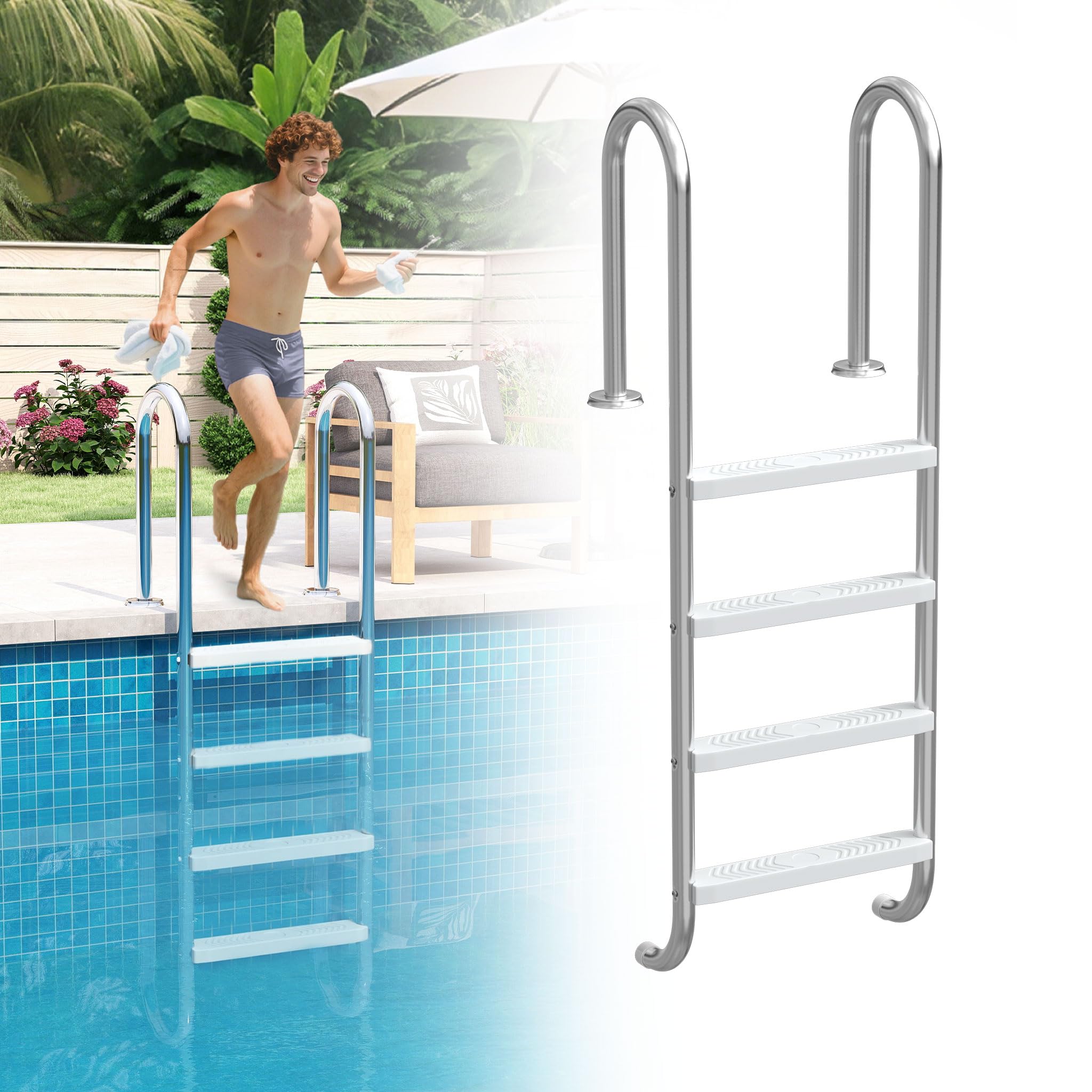UISEBRT 304 - Scala per piscina in acciaio inossidabile con 4 gradini | 157 x 54 x 26,5 cm - Argento | Scala da piscina con antiscivolo | Scala per l'ingresso a piscina e vasca | Resistente fino a 150