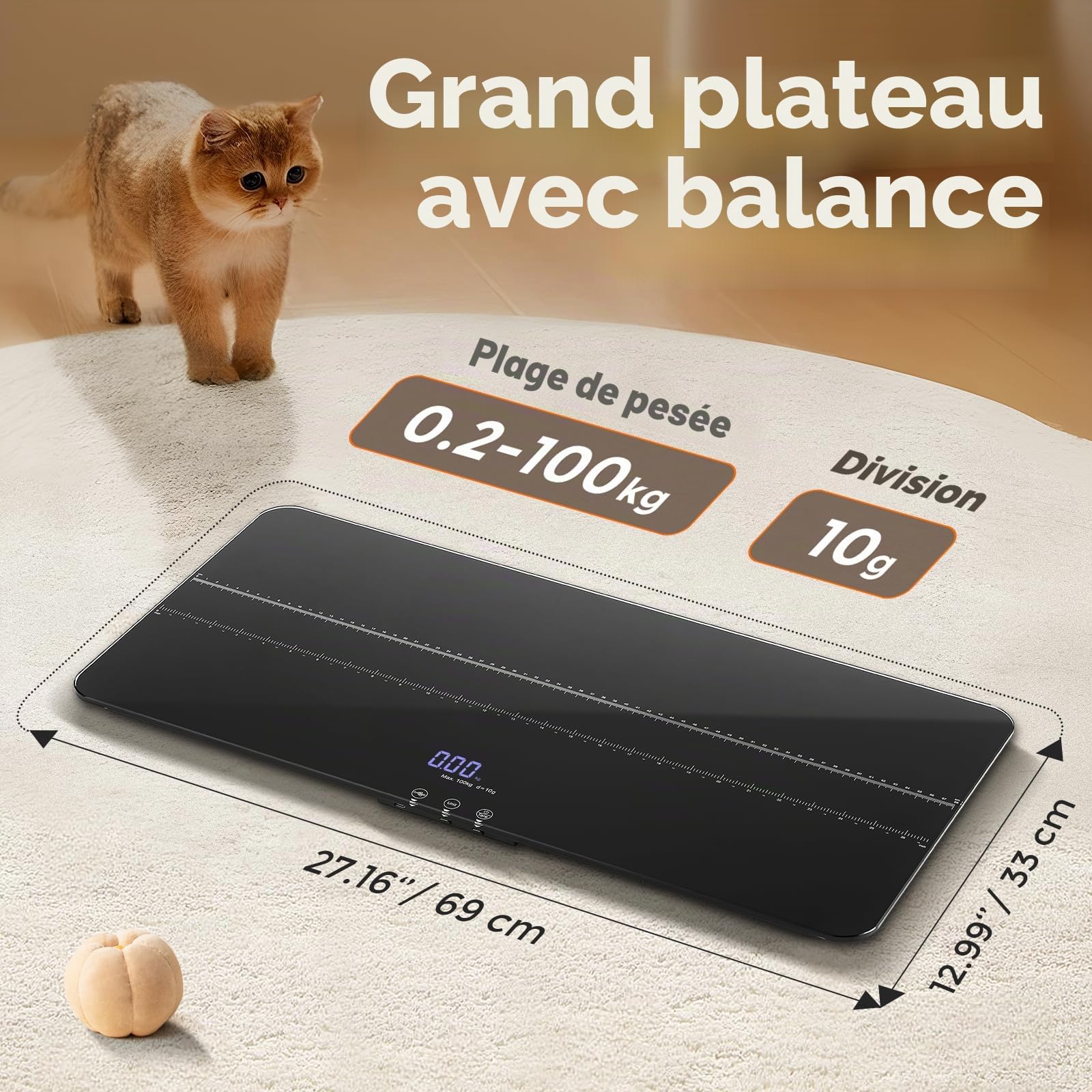 Bonvoisin Balance Animale Numérique jusqu'à 100 kg, Balance pour Chats et Chiens avec Précision 10 g & 3 Modes (kg/lb/st) – Grande Tapis Caoutchouc 68x33 cm, écran LCD, Fonction Hold, Recharge USB-C