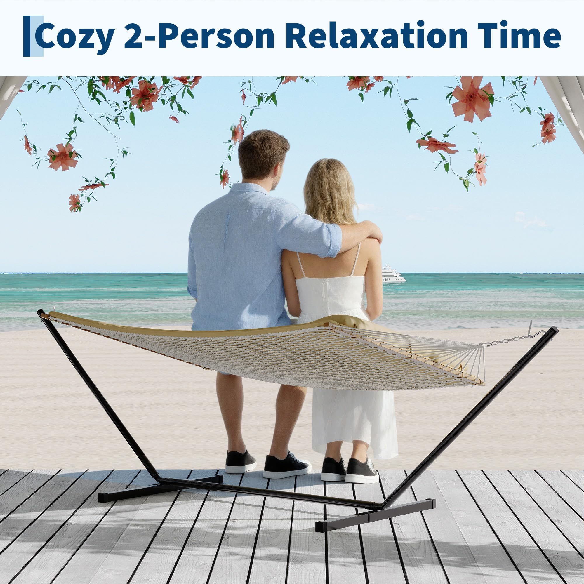 Garvee Hamaca Doble De Cuerda De Yute para Exteriores – Ergonómica con Cojín Extraíble y Resistencia Al Clima para Jardín, Patio o Playa – hasta 204 kg (Amarillo Marrón)