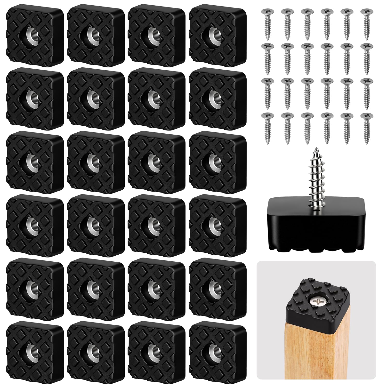 NUTKIT 24PCS Screw-On Rubber Feet, 22 * 22mm Non-Slip Furniture Feet