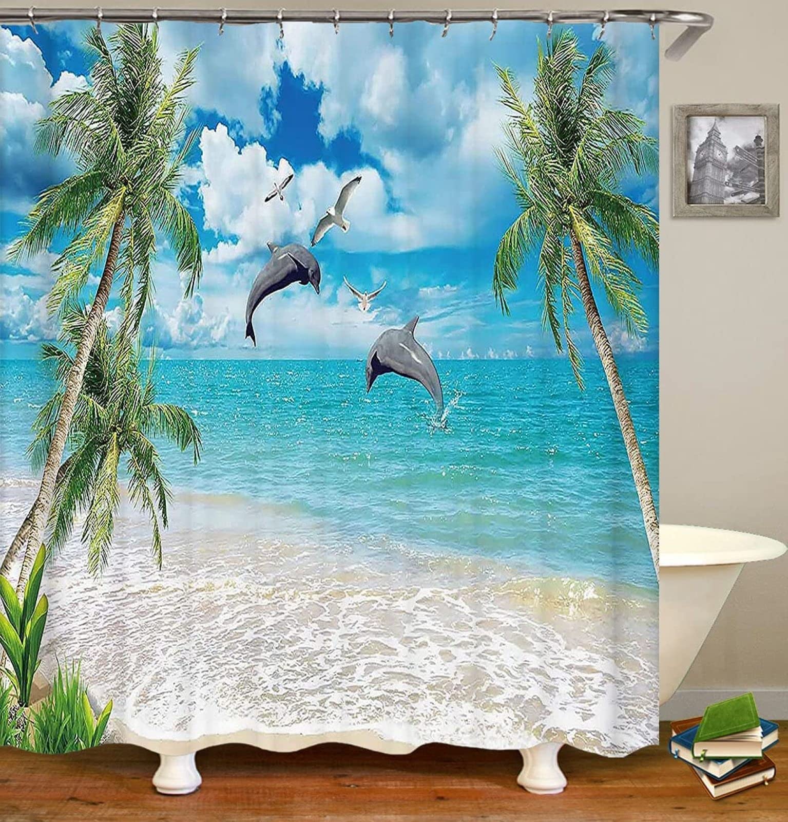 Tenda Doccia 3D Delfino - 120x200 Cm, Antimuffa, Impermeabile, Con Ganci, Poliestere - Foto 2