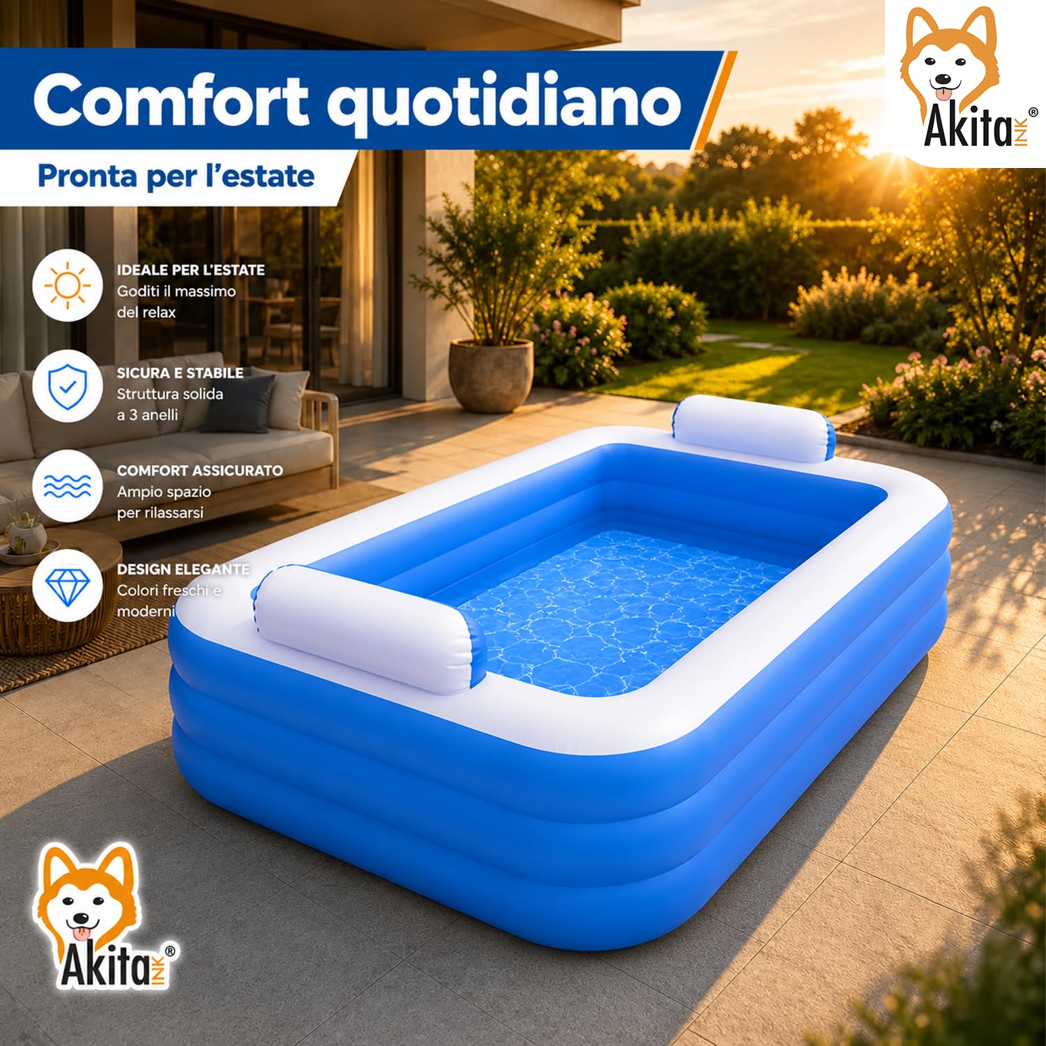 Akitaink Piscina Gonfiabile 305x183x56 cm con 3 Anelli, Piscina Familiare in Vinile Resistente per Giardino, Colori Azzurro e Bianco, Adatta ad Adulti e Bambini dai 6 Anni
