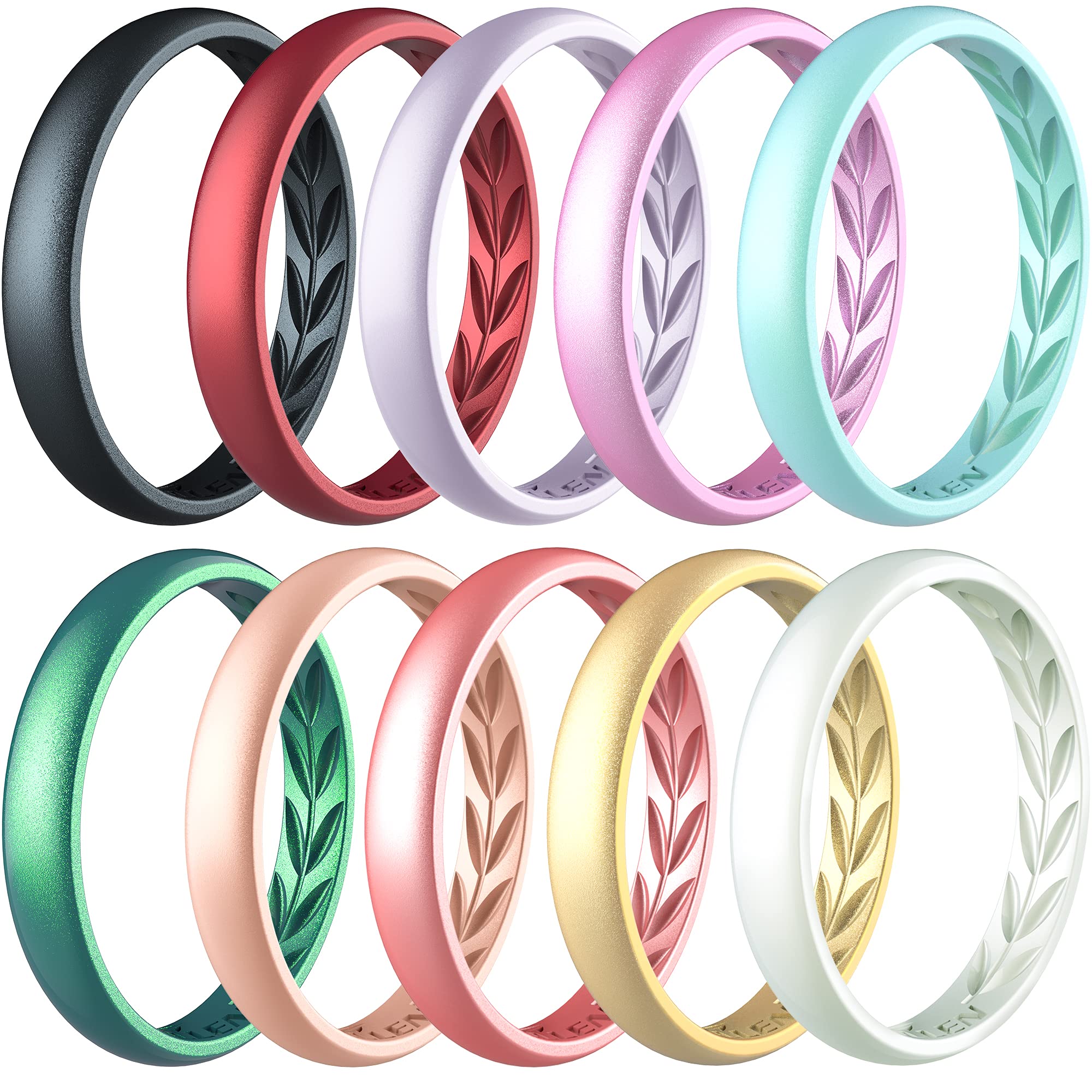 Zollen 10 Packs Silicone Wedding Rings for Women, 3.5mm Metallic Thin Rubber Wedding Bands Stackable Ring, Inner Breathable Olive Leaves Design