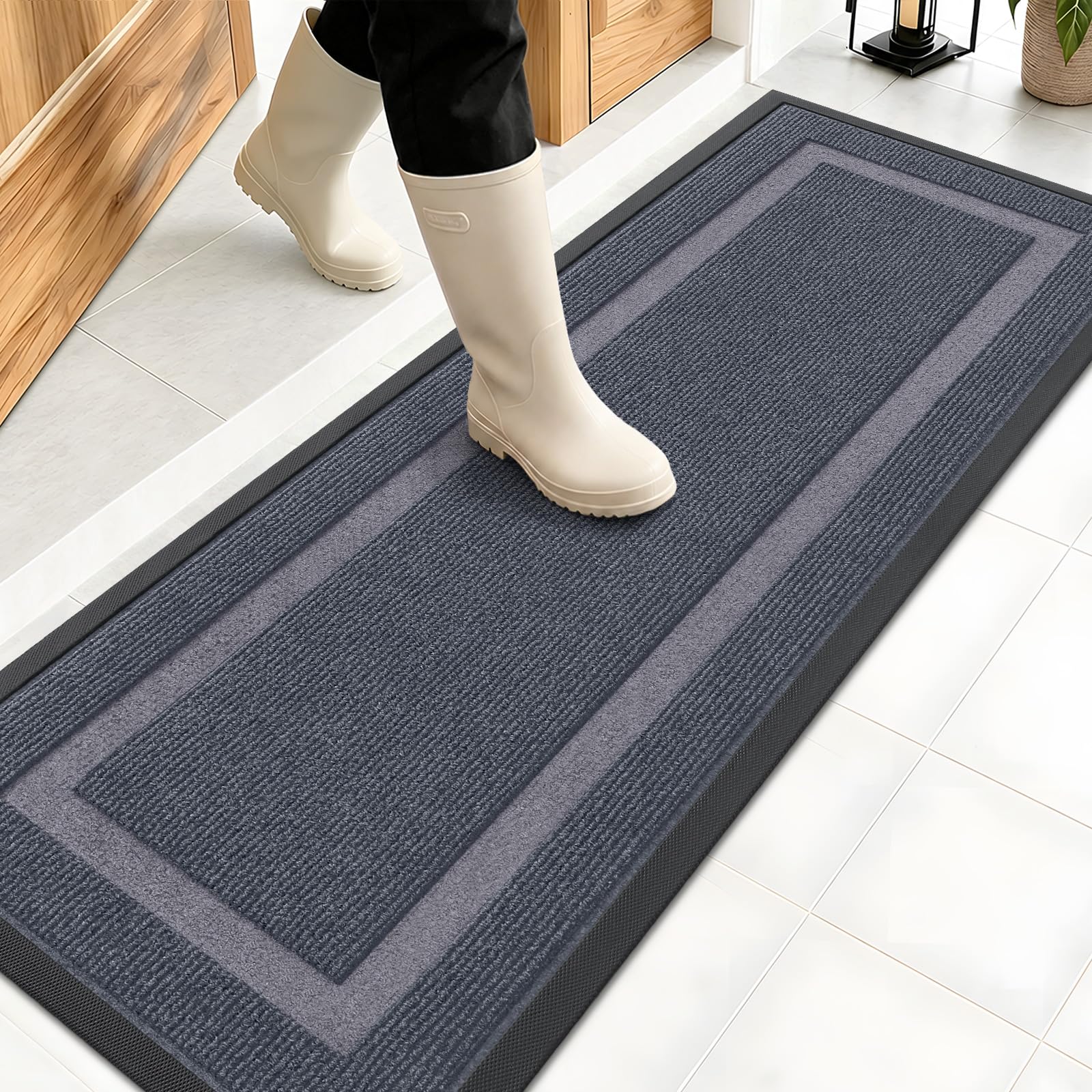 OLANLY Front Door Mat Outside 47x17, All-Season Heavy-Duty Rubber Doormat | Light Grey, Absorbent, Stain Fade Resistant, Waterproof Non-Slip Backing, Low-Profile Indoor Outdoor Floor Mat for Entryway