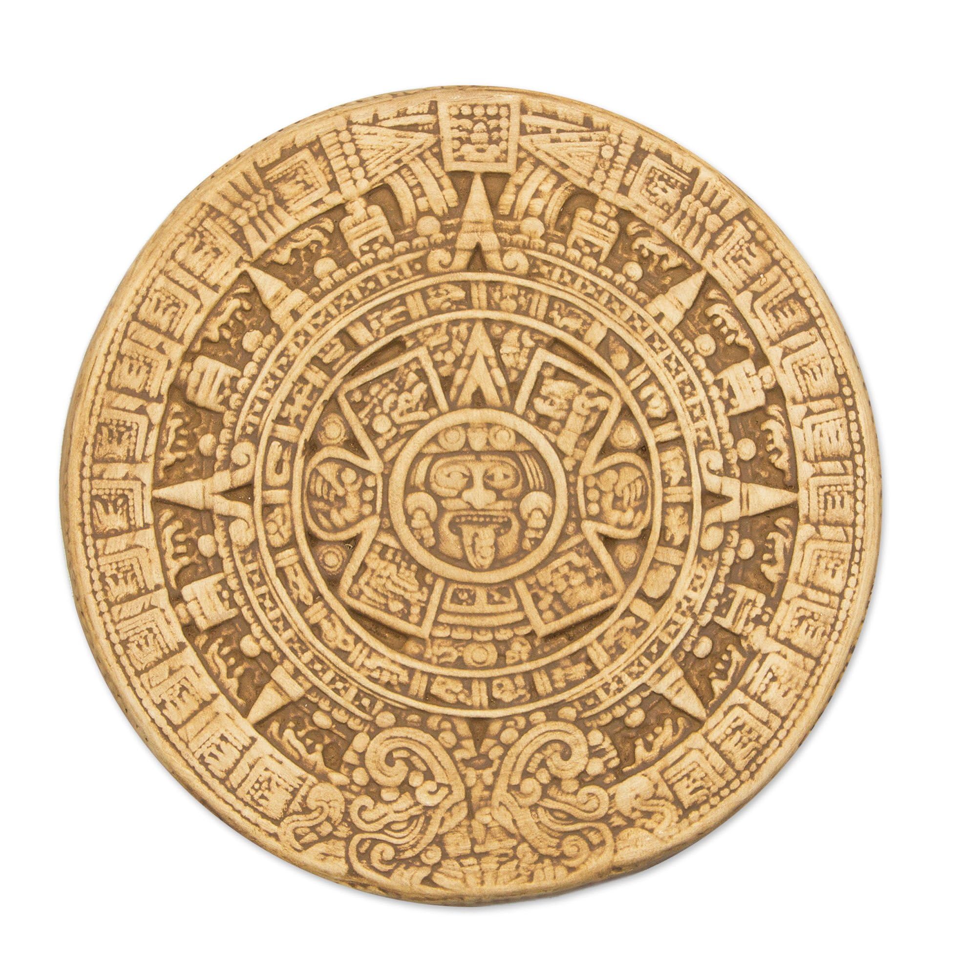 NOVICA Yellow Archaeological Theme Ceramic Advent Calendar Wall Plaque, Small Ochre Aztec Calendar'