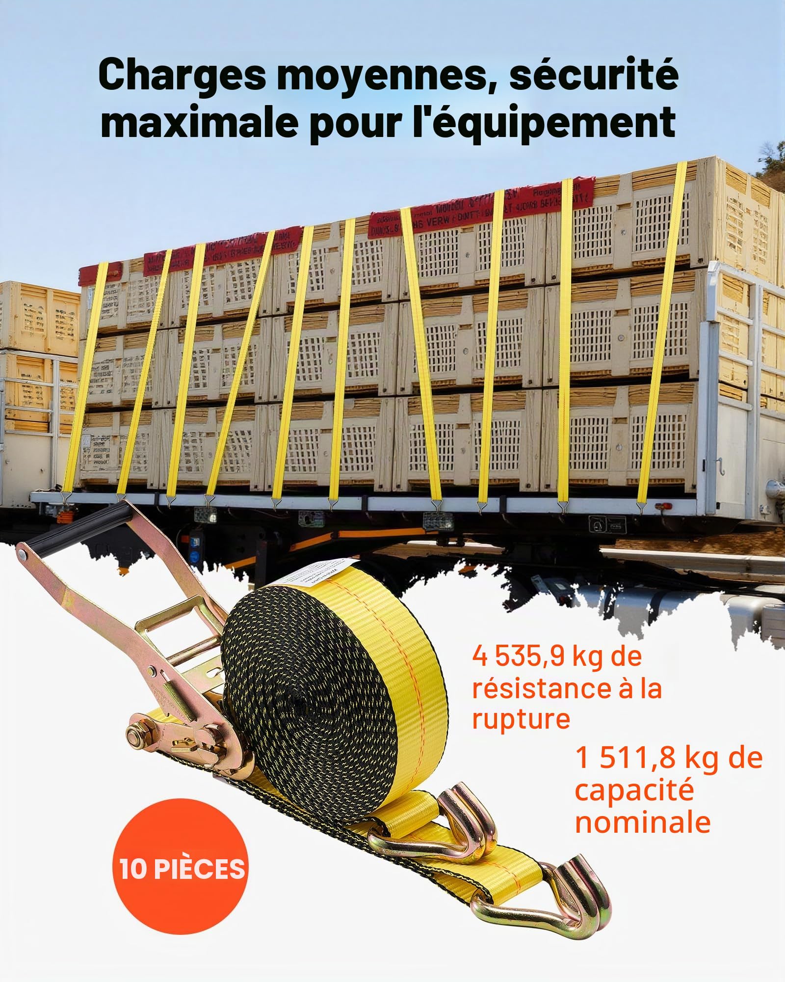 VEVOR Sangle à Cliquet 5 cm x 9 m Sangle d'Arrimage Lot de 10 Sangles de Chargement Fixation pour Déménagement Remorques Motos Kayaks Toit Voiture, avec Crochet Double J Résistance à Rupture 4536 kg