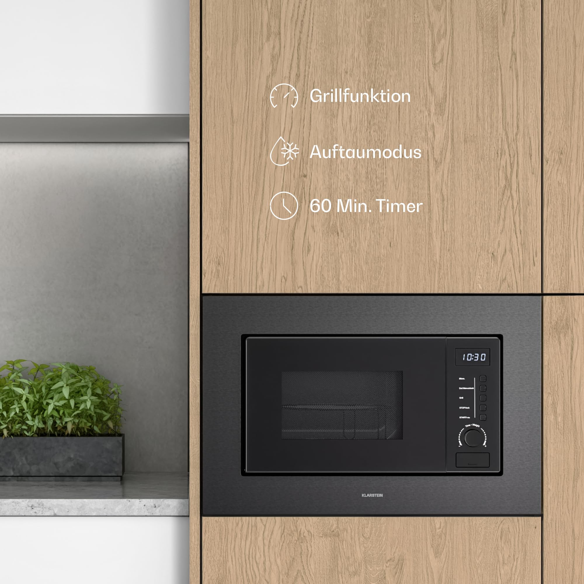 Klarstein Verosteel Einbaumikrowelle 60 cm mit Grill – 20L, 700W Mikrowelle & 800W Grill, 8 Programme, Touch-Bedienung, Edelstahl, Auftaufunktion, LED-Innenbeleuchtung, Schwarzer Edelstahl