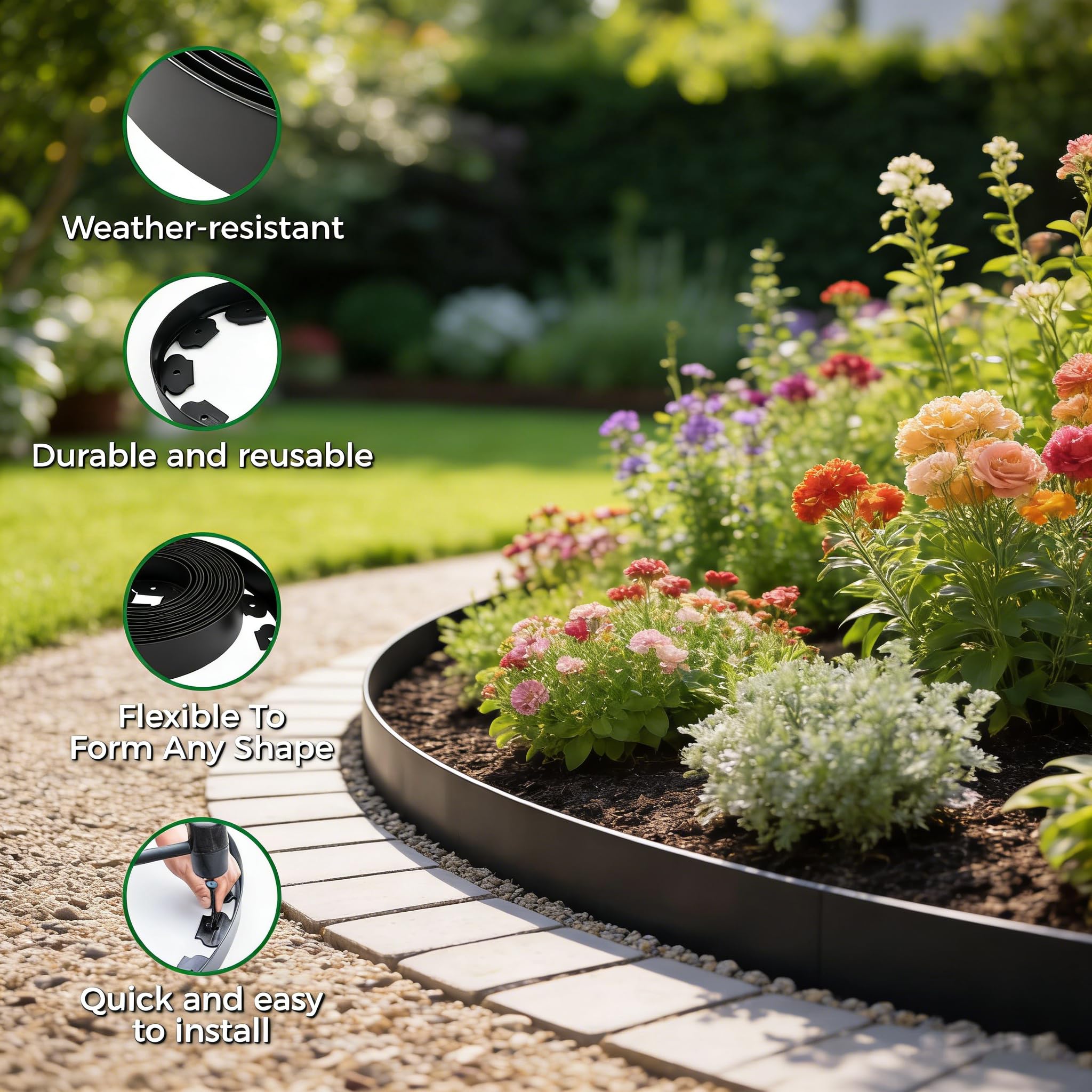 Borde de Jardín de Plástico Flexible Longitud 15 m, Altura 10 cm, con 75 Clavijas, Delimitador para Césped, Parterres y Caminos, Fácil de Instalar para Exterior - Negro