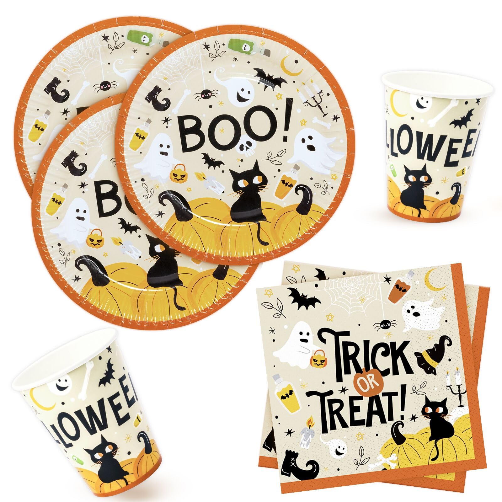 BFB Halloween Party Plates Napkins and Cups Set Disposable Trick or Treat Paper Plates for 16 Preson