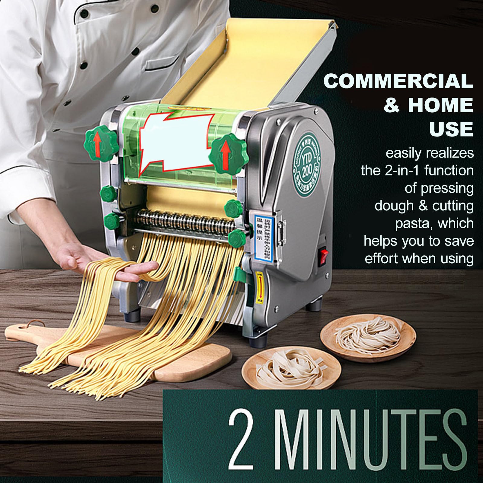 Máquina para Hacer Pasta eléctrica de Acero Inoxidable con 2 moldes de Corte (Fideos de 3/9 mm de Ancho y Fideos Redondos de 1,8 mm) Máquina prensadora de Pasta Fresca de 750 W