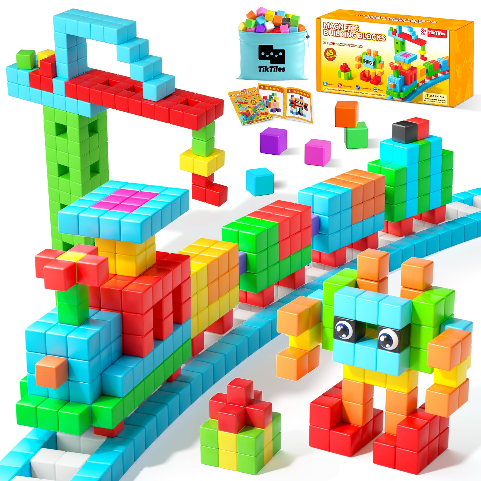 65PCS Magnetic Blocks with Magnet Eyes Toy, Magnetic Building Blocks with Storage Bag for Kids Gifts, STEM Preschool Sensory Magnetic Cubes for