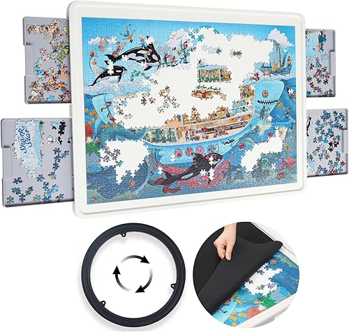 Tablero giratorio de 1500 piezas de rompecabezas de plástico con cajones y cubierta, mesa de rompecabezas portátil de 35 x 27 pulgadas para adultos,