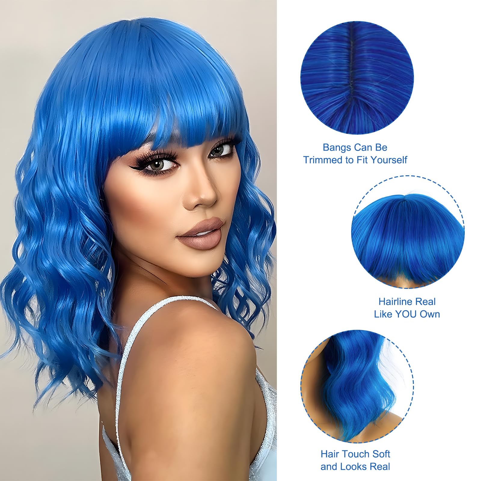 Blue Wig, Mermaid Wigs Costume Wig for Women and Sunglass Set Shoulder Length Loose Curly with Bangs for Halloween Christmas Party - Image 2