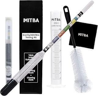 Hydrometer & Testing Jar Kit by MiTBA Test the ABV, Brix & Gravity of your Wine, Beer, Mead & Kombucha accurately! Triple Scale Hydrometer + 250ml Plastic Graduated Cylinder + cleaning brush & cloth