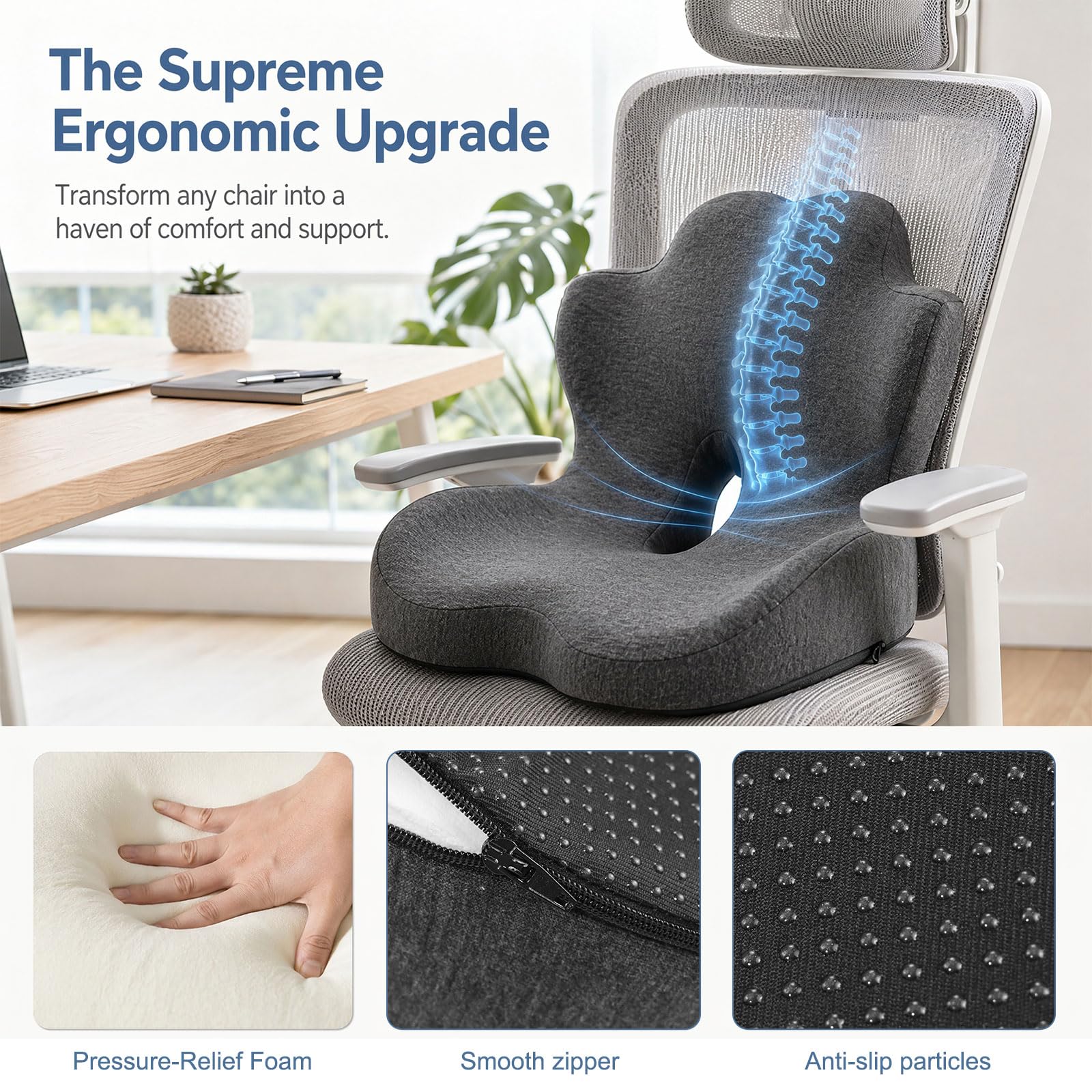 Cuscino per sedile in memory foam, cuscino 2 in 1 per sedile e supporto lombare, cuscino ergonomico per auto, cuscino per il coccige, per dolore al coccige, per ufficio, casa, sedia a rotelle