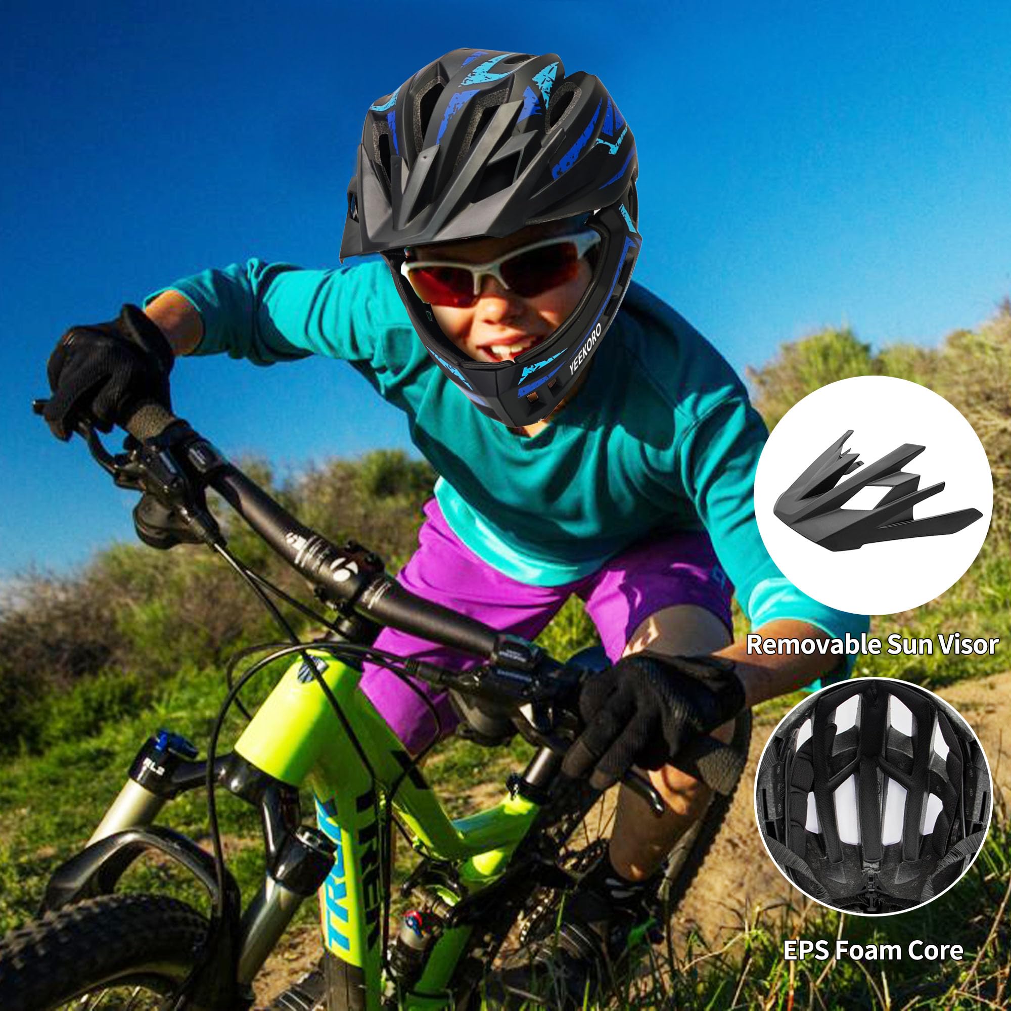 Casco de bicicleta para niños con protector de barbilla, casco de cara completa ajustable desmontable para niñas y niños, casco de ciclismo, monopatín, scooter, equipo de protección, tamaño
