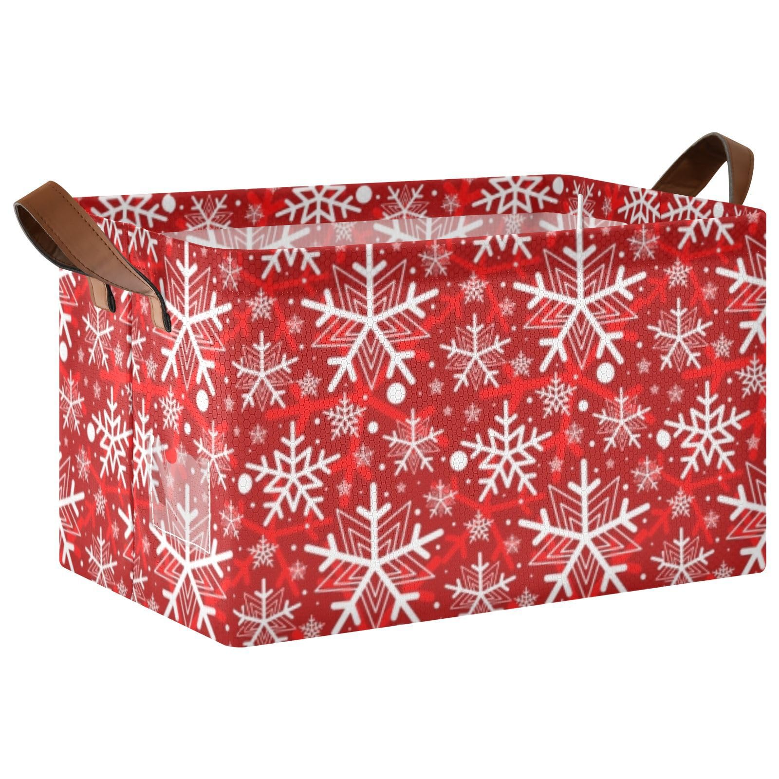 Red Background with Seamless White Snowflake Pattern 1PC Rectangle Foldable Frame Basket Leather Handles Storage Bin for Laundry Bathroom Organizer M 16.9 x 11.4 x 10 inch