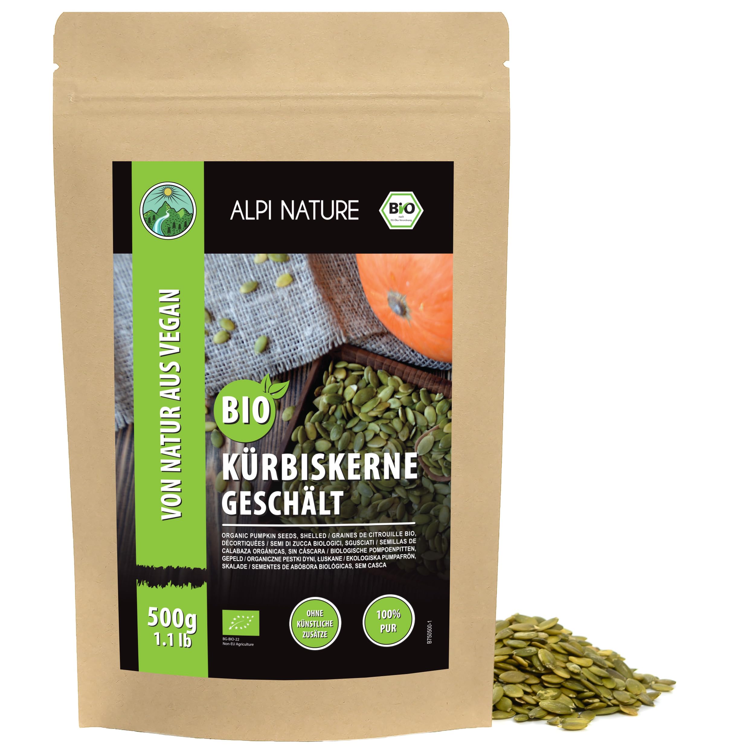Alpi Nature Kürbiskerne BIO roh 500g, bio Kürbiskerne geschält, rohe Kürbiskern zum Essen